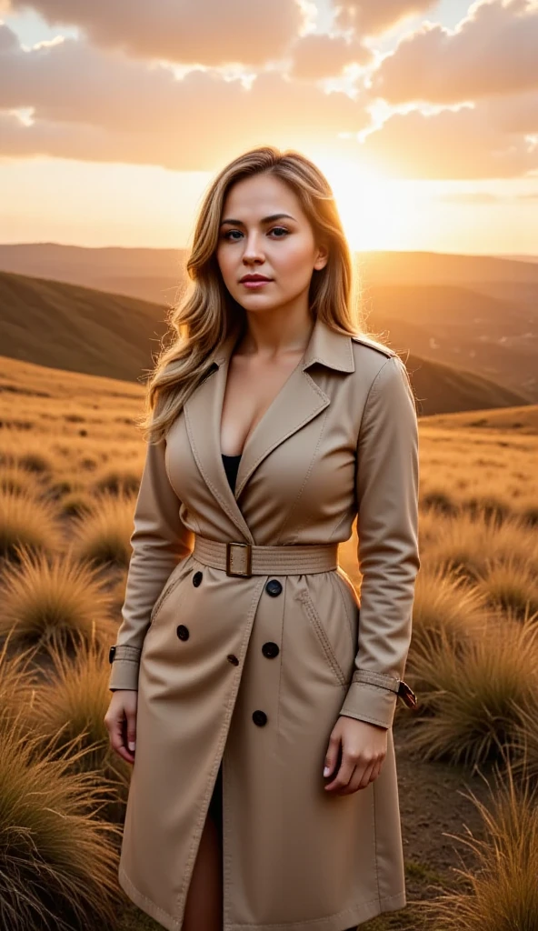 Lily in a beige trench coat, standing amid the golden fields of Iceland during sunset, with a soft orange glow enveloping her.