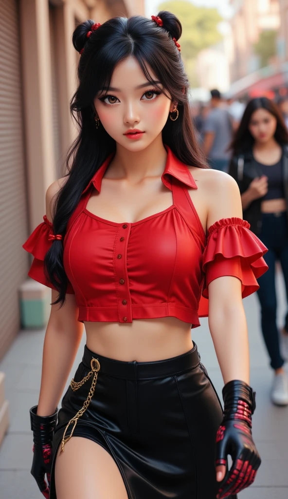 A young Asian woman, positioned slightly off-center to the left of the frame, is depicted in a dynamic, slightly stylized fashion.  She has long, dark black hair, styled in a braid adorned with red accents, and expressive brown eyes.  Her complexion is fair.  Her expression is neutral, with a slight hint of confidence.  She is wearing a cropped, vibrant red top with layered ruffled sleeves, a black, high-waisted skirt with a thigh-high slit, and black gloves with red/black patterns.  A gold chain is visible on the skirt's waistband.  Her body type is slender and athletic, with a visible waistline.  She is walking or posing, suggesting a sense of movement. The background is slightly out of focus, containing a street scene with blurred figures. The overall colors are bold with red, black, and hints of brown and beige. The lighting in the image is bright and directs attention to the woman's features and clothing. The composition and perspective suggest a street style or fashion photoshoot. The style and atmosphere are contemporary and fashionable. The image showcases a stylish, confident young woman.