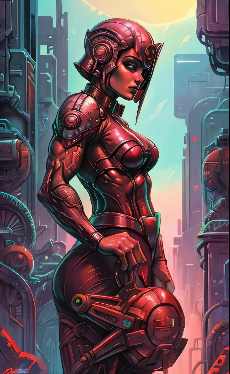 wearing a futuristic helmet 、 Closeup of woman wearing red lipstick, Cyberpunk Jackie Wells , [cgsociety 9, style = retrofuturism , Muscular Beautiful Android Woman , Portrait of a female bionic , retro futuristic fashion , Still from the movie 《blade runner》, Female Bodybuilder at the Resource Center, Moebius aesthetics, Alien robot movie drama , depicting a sci-fi scene , Bodybuilder Combining Muscles and Mechanics ,Muscle Abs,Muscular thighs