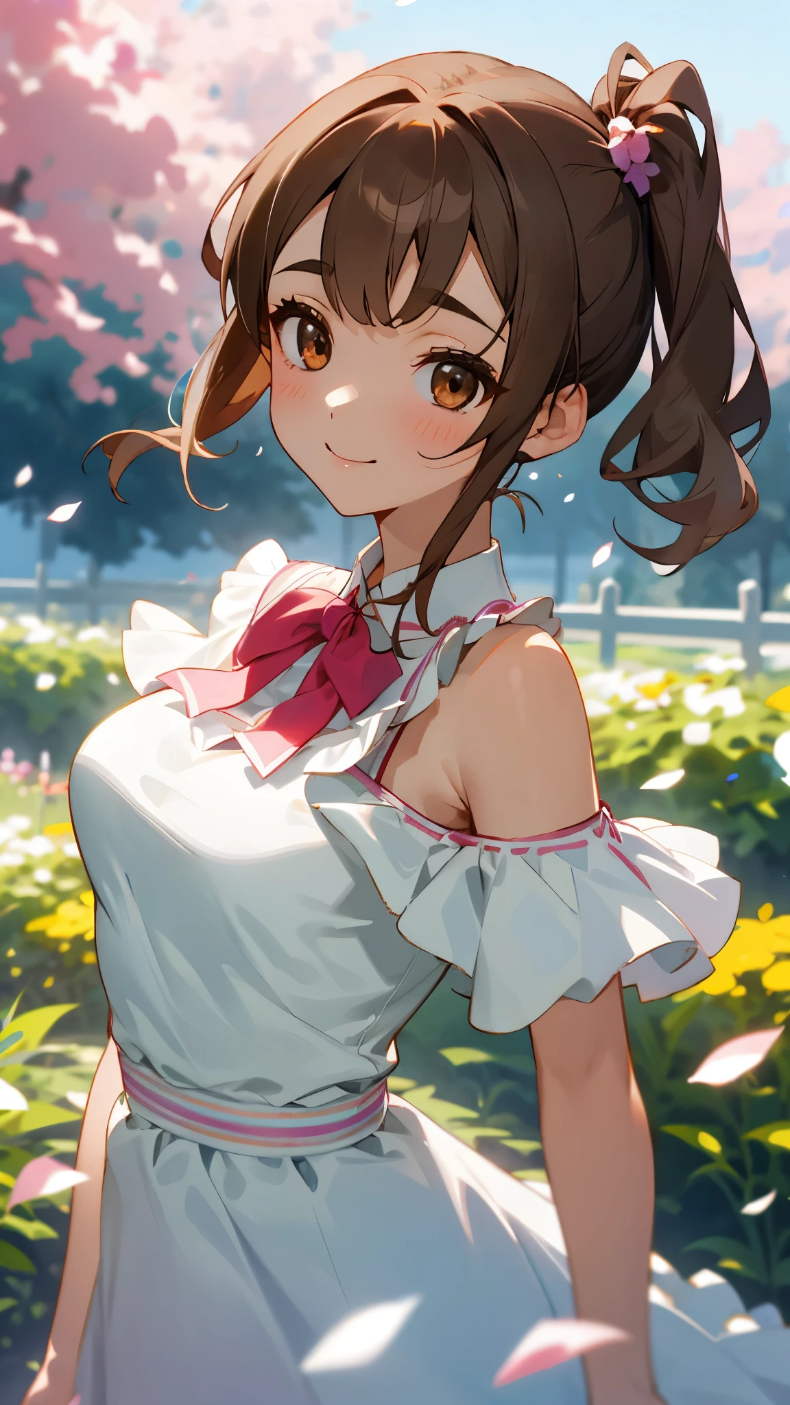 1girl、Big eyes、dark brown eyes、light brown hair、side ponytail、big breasts、Ahoge、plain white off shoulder dress、short sleeve、frills、upper body close-up、The scenery in the background is a garden with dancing petals.、grin、From the side、painterly、sharp outline
