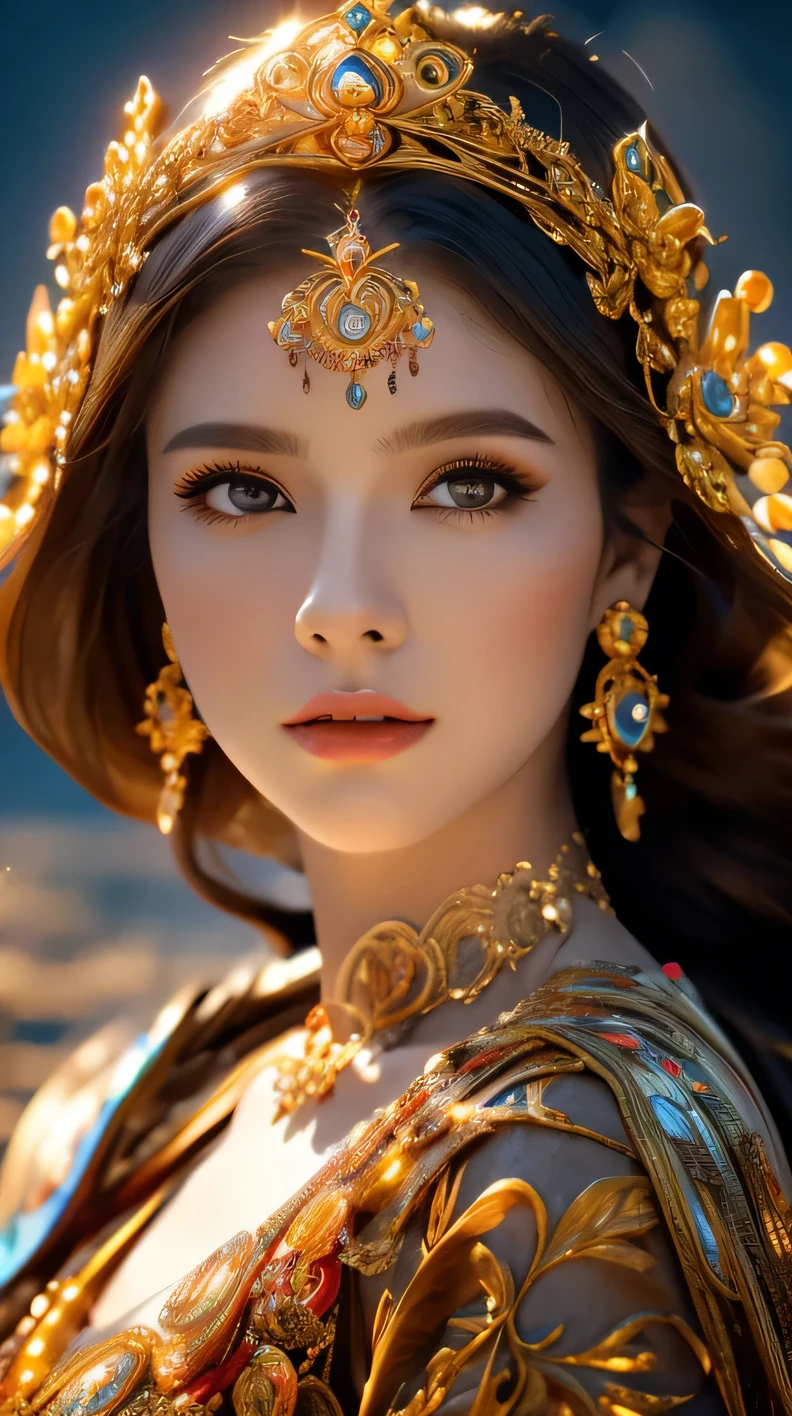 Mysterious goddess, woman in her 20s, beautiful large detailed eyes, beautiful detailed lips, mysterious and graceful pose, floating in a surrealistic landscape, glowing aura, ornate headdress, flowing robes, dramatic lighting, vibrant colors, (top quality,4K,8K, Hi-Res,Masterpiece:1.2),Ultra-Detailed,(Realistic,Photorealistic,Photorealistic:1.37),Fantasy,Intricate Detail,Cinematic Composition