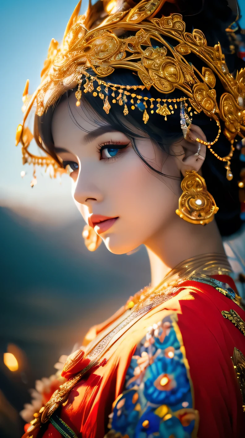 Mysterious goddess, woman in her 20s, beautiful large detailed eyes, beautiful detailed lips, mysterious and graceful pose, floating in a surrealistic landscape, glowing aura, ornate headdress, flowing robes, dramatic lighting, vibrant colors, (top quality,4K,8K, Hi-Res,Masterpiece:1.2),Ultra-Detailed,(Realistic,Photorealistic,Photorealistic:1.37),Fantasy,Intricate Detail,Cinematic Composition