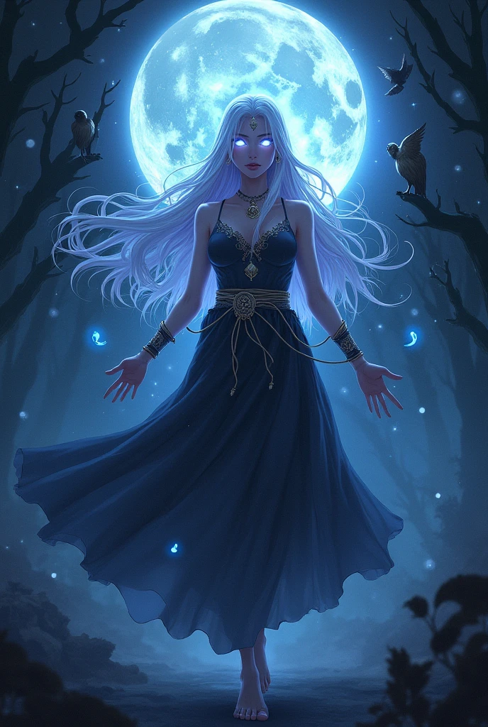 A seductive witch with long silver hair stands in the center of a stone circle under a crescent moon. She wears a black corset and a flowing skirt with high slits, exposing her legs. Her arms are outstretched as she casts a spell, with glowing runes appearing in the air around her. Her eyes shine with a magical blue light, and sparks of magic dance around her. The night sky above is filled with swirling clouds, and lightning crackles in the distance, adding to the dramatic and powerful atmosphere. Aim for realistic depiction, make sure photos are at highest resolution (8K)