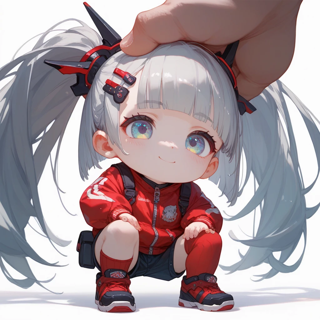 "A young boy with bright grey hair , hime cut , bright skin, and the soft expression , wearing future clothing , red clothes.  The boy squat , wearing headphone.  The white background , gives full focus to the character of the boy , cute chibi , hair clip ,"