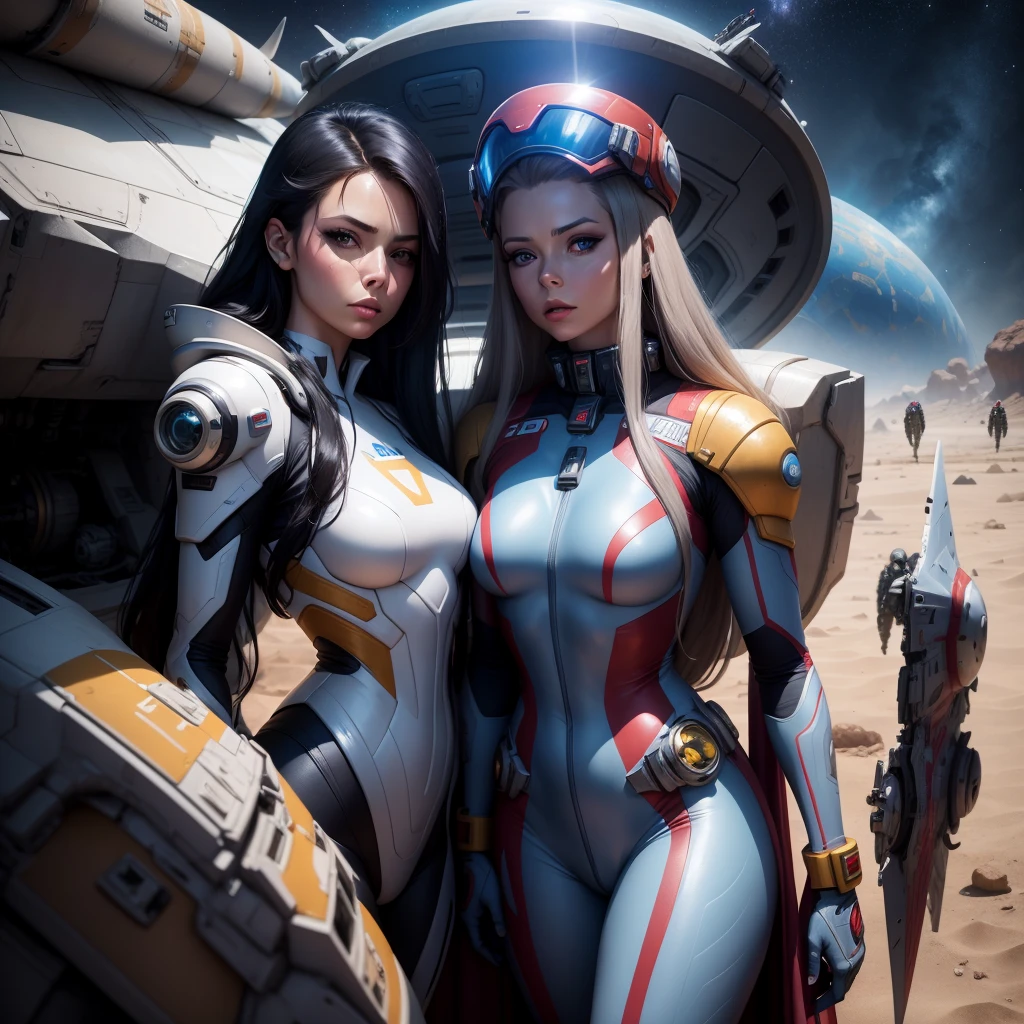 (Meisterwerk), best quality, ausdrucksstarke Augen, Perfektes Gesicht, long blue hair medium cute ass cute face standing on a snow plannet background Room with many stars and shooting star spacesuit, Starfield, orange and blue lighting (8K Quality) Atemberaubende Charakterkunst, a woman in a blue and white outfit, Beautiful Breasts