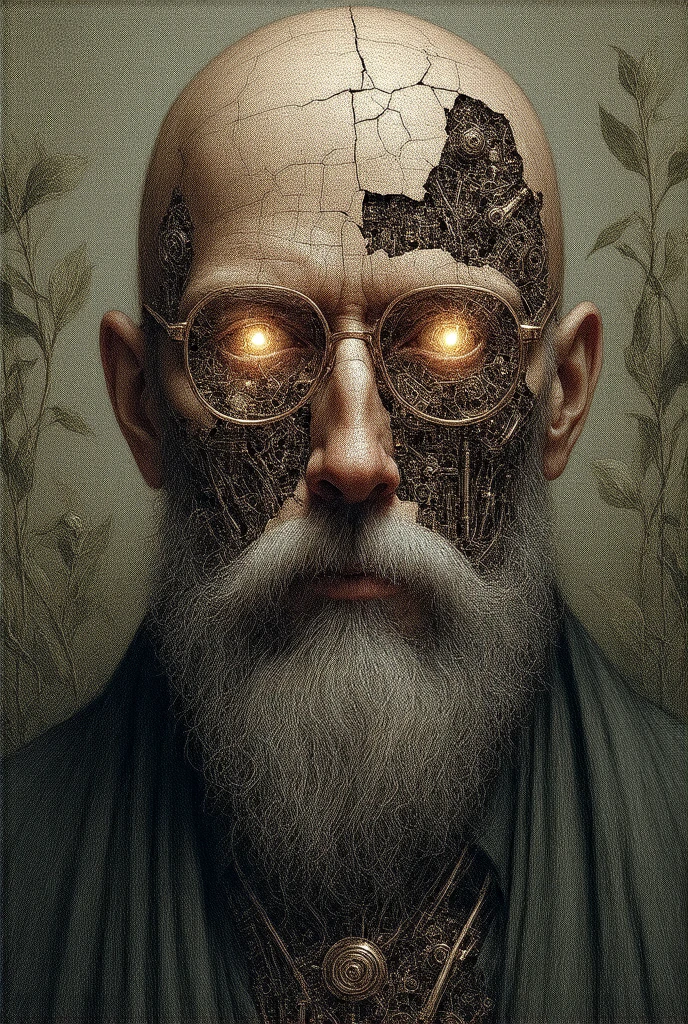 Front side view of cybernetic bald beard old man with some cracks on ceramic face can see circuits inside with led lights, gold rimmed glasses. surreal. cybernetic plants on background with glow leaves.