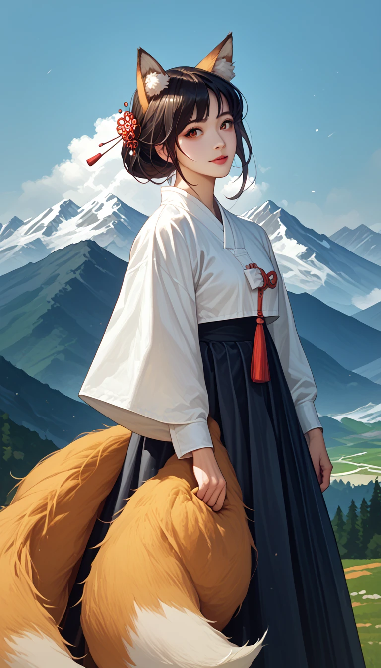 (masterpiece,  best quality :1.2), 1 woman,  alone, Gumiho, 여자 Gumiho,  Korean girl, Fox ears, fox tail, Hanbok,  dark hair, In the mountains