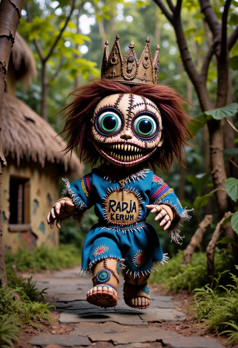 3 D animation pixar, vibrant color. Creepy doll, running, wearing a big king's crown, blue clothes with intricate tribal patterns saying "Radja Keruh", background of a hut house in a rainbow tree forest. 4K HD Quality Image