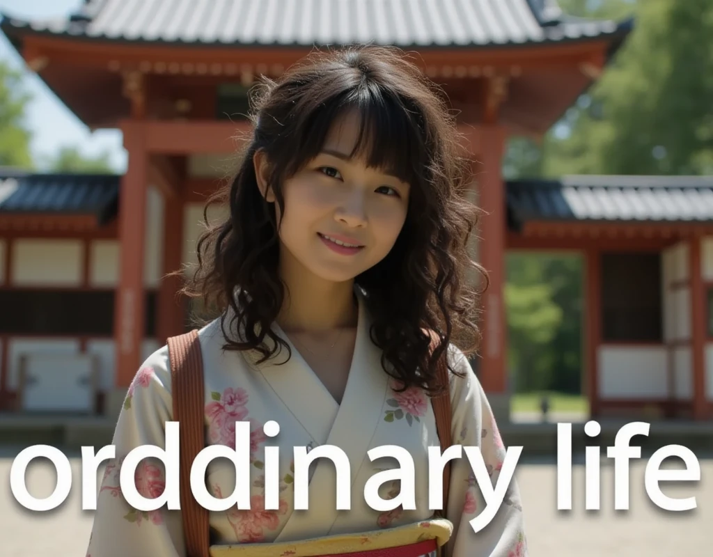 The words "ordinary life" are displayed in large letters at the bottom, making them easy to understand. 1 girl, Alone,  Very Sexy  ( Curly Hair),  detailed face , , shrine ,  gentle smile,  shallow depth of field, (((Long-sleeved kimono))),(((Kimono)))、((On the first pilgrimage)), 8k, super detail, ccurate, best quality、(((I am praying))),((( shot from the front )))、 very high quality photo 、 sharp focus 、 epic realism 、 realistic 、Source photo、 proper placement 、Evaluation Explicit、32K、(フォト  realistic : 1.3)