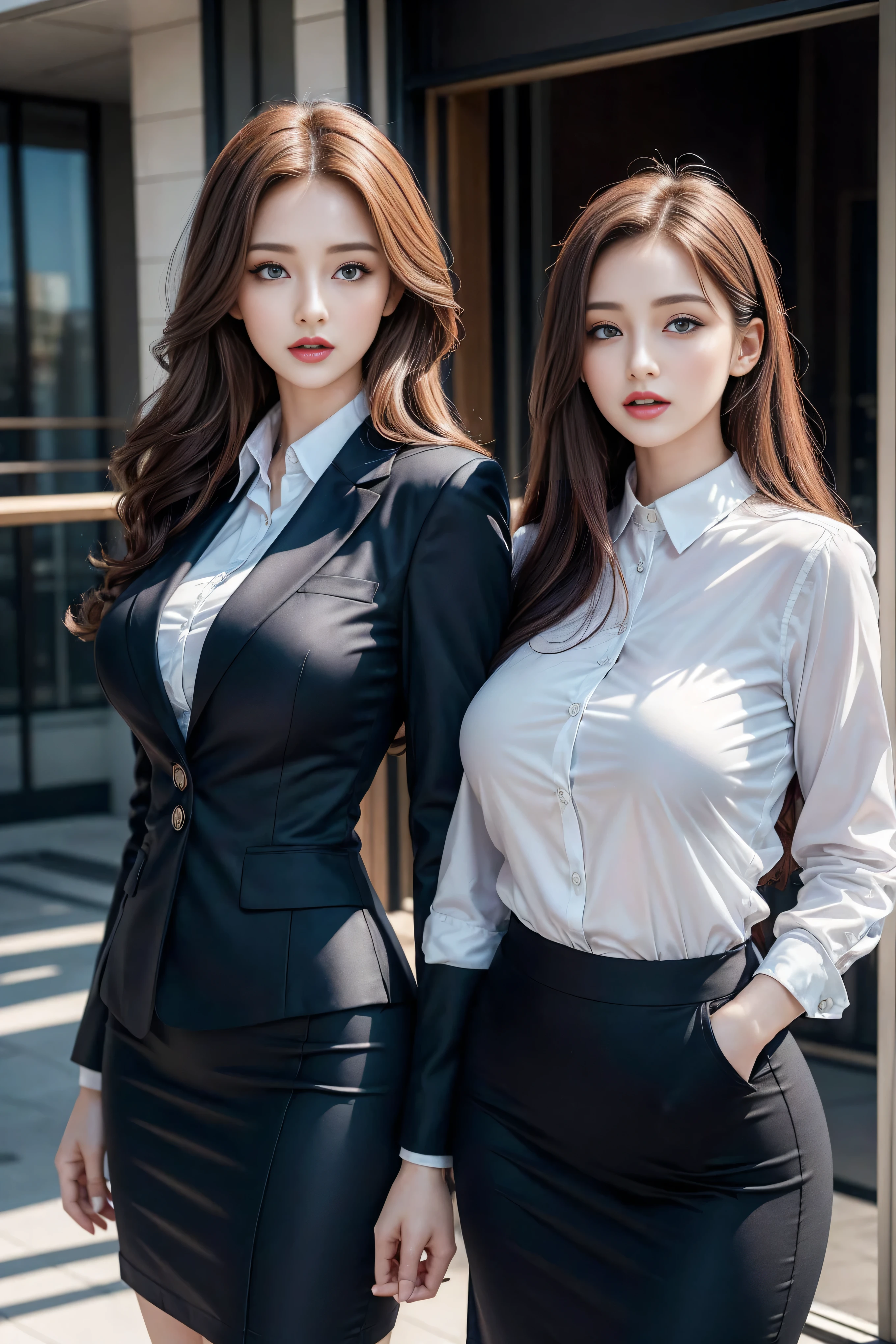 (2 girls), beautiful, Amazing face and eyes, cosmetic, (Extremely delicate beautiful face), (The sexiest look), (beautiful big breasts:1.1), (best quality:1.4), (Ultra Detailed), (Extremely detailed CG unified 8k wallpaper), Very detailed, original photo, Professional photography, ((Business suit)), (tight skirt), (Open collar business shirt), outdoor, (Night Sky), Depth of Field, (View from below),