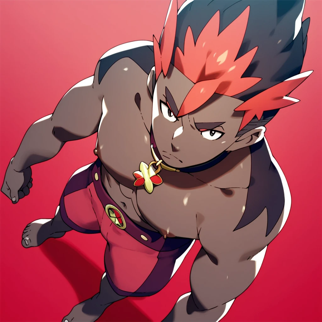 ( masterpiece),  score_9,  score_8_above,  score_7_above,  score_6_above,  score_5_above,  score_4_above, 1 , Alone, kiawe ,  multicolored hair,  black eyes,  dark skin , collar, shoulder tattoos ,  barefoot detailed feet  , pectorals nipples ,  supporting Pokébola,  SERIOUS EXPRESSION, of tight underwear.