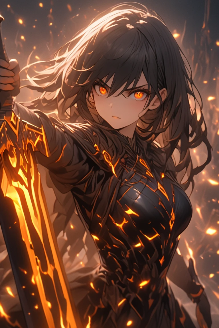 The dynamic scene captures, the instant energy sparks as a woman with black hair and orange eyes,launches a thrusting attack with a great sword that is covered in black flames, The black flames surrounding her greatsword give it an eerie glow,dark fantasy,