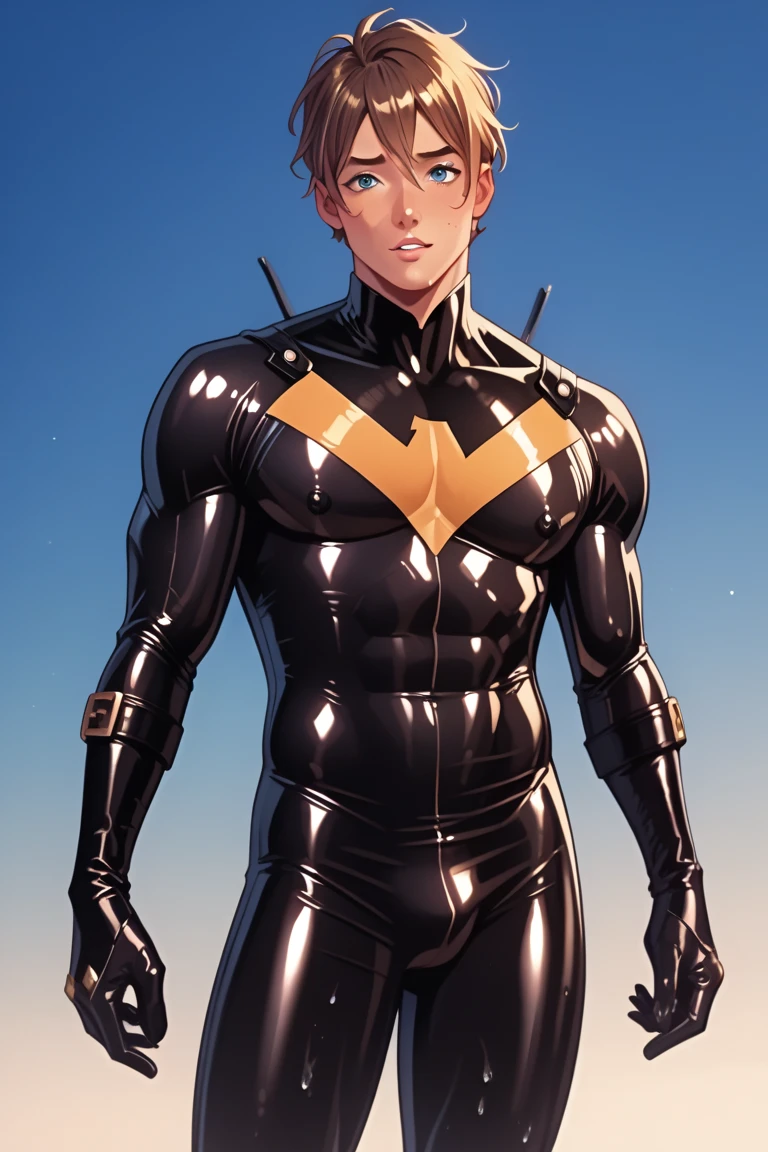  (Mikazuki Munechika),  cool latex superhero boy,   teenager  ,   is tall,   Beautiful skin. 
  I'm a superhero  ,   I have a beautiful body  . 
  hero costume,  Charming, calm young man  , Slender macho  , 、  my skin is tanned .
urination,   my crotch is wet  .
  embarrassing,   High Quality  .