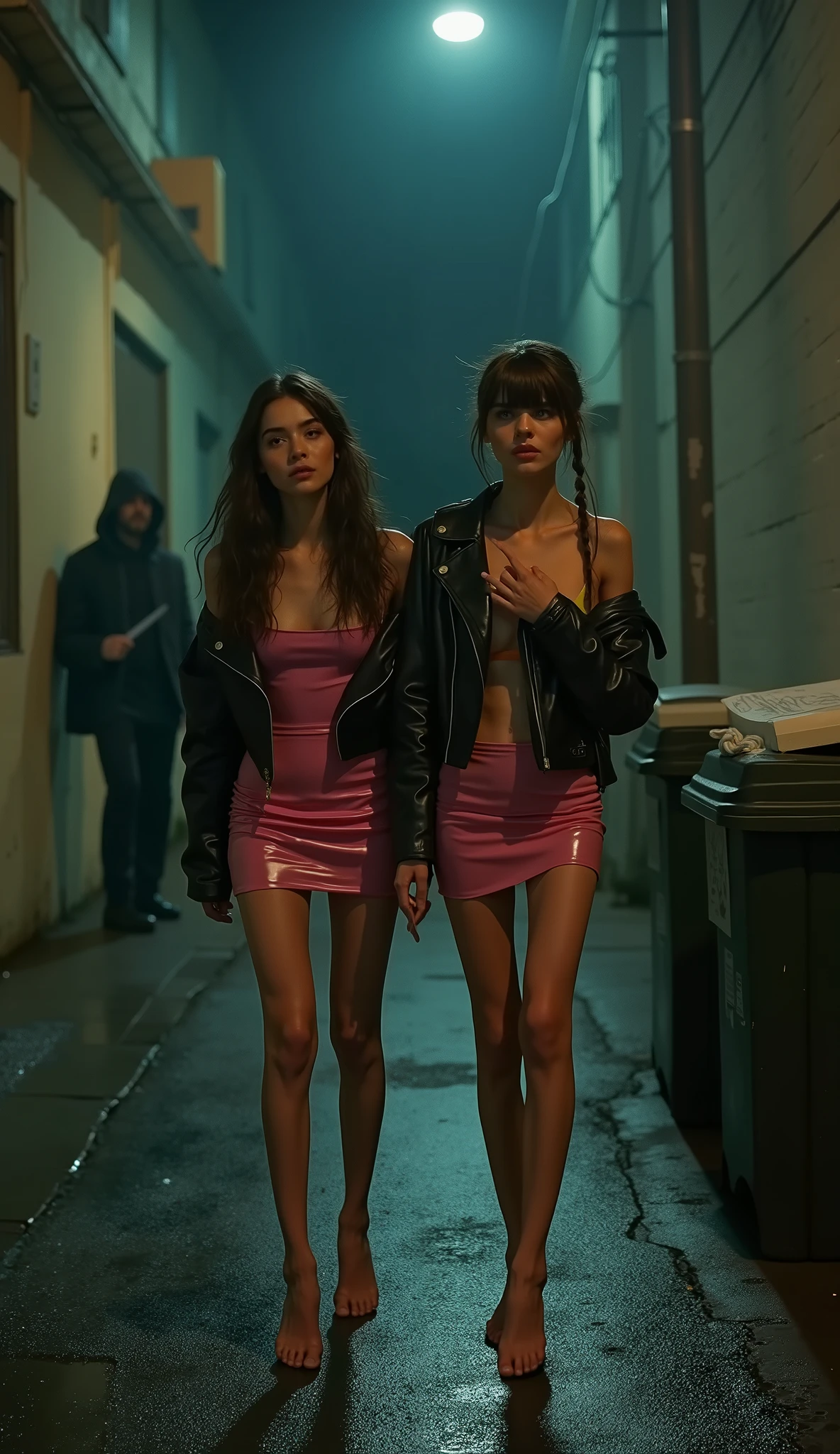 A realistic cinematic depiction of two beautiful young skinny aorexic women, aged  to 19, standing together on a deserted dark Back alley at night, the back alley are full ov trash and trashcans, (One of the girls is holding an hand whitten paper sign Text "PLEASE HELP US!!"), (the girls have super long skinny anorexic legs), (extremely long skinny legs :1.9), long over the knee silk stockings, (short revealing skintight latex micro dresses—one in vibrant bright pink—each paired with a casual biker leather jacket draped over their shoulders). ((super tall platform 25inch high heels)), (Platform High heels), but their focus is elsewhere. Their faces are etched with visible fear and anxiety. One woman is clutching her jacket tightly around her chest, her wide eyes staring into the distance, while the other looks over her shoulder, her mouth slightly open as if gasping or about to scream. Their hair is super long and slightly tousled from the cold night breeze—one with loose waves and the other in a long messy ponytail. The back alley is dimly illuminated by a flickering streetlight, casting harsh shadows across the ground. Behind them, deep in the shadows, looms the faint silhouette huges man in black clothing and huddie over his head, he is holding a big knife, barely visible through the fog but undeniably menacing. The atmosphere is thick with tension and foreboding, as the women,s vulnerability contrasts sharply with the silent, oppressive darkness surrounding them.