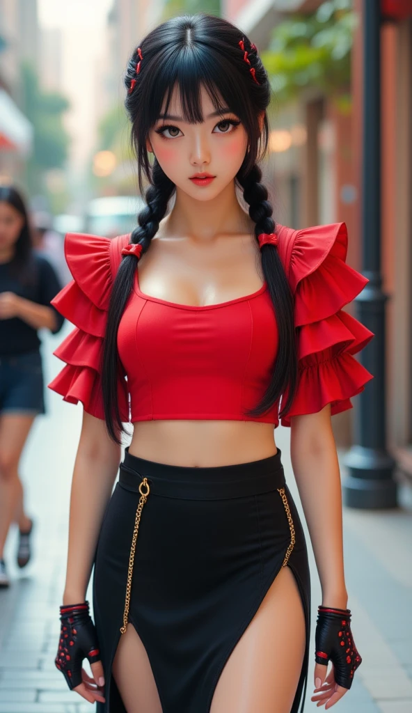 A young Asian woman, positioned slightly off-center to the left of the frame, is depicted in a dynamic, slightly stylized fashion.  She has long, dark black hair, styled in a braid adorned with red accents, and expressive brown eyes.  Her complexion is fair.  Her expression is neutral, with a slight hint of confidence.  She is wearing a cropped, vibrant red top with layered ruffled sleeves, a black, high-waisted skirt with a thigh-high slit, and black gloves with red/black patterns.  A gold chain is visible on the skirt's waistband.  Her body type is slender and athletic, with a visible waistline.  She is walking or posing, suggesting a sense of movement. The background is slightly out of focus, containing a street scene with blurred figures. The overall colors are bold with red, black, and hints of brown and beige. The lighting in the image is bright and directs attention to the woman's features and clothing. The composition and perspective suggest a street style or fashion photoshoot. The style and atmosphere are contemporary and fashionable. The image showcases a stylish, confident young woman.