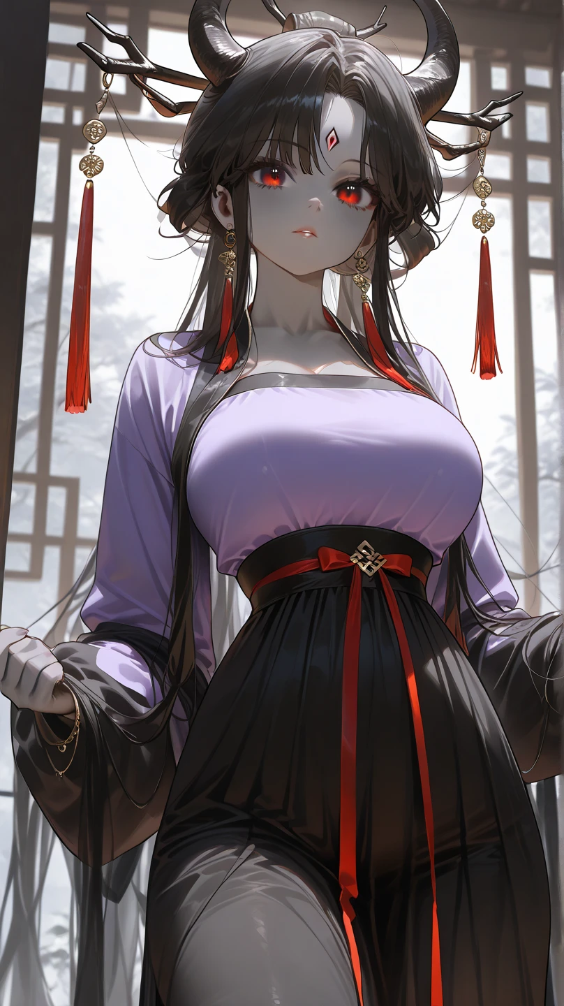 Mature big sister,Black long hair,Black tube top,Hanfu,Beautiful black eyes,Extremely detailed,high resolution,Simple background
