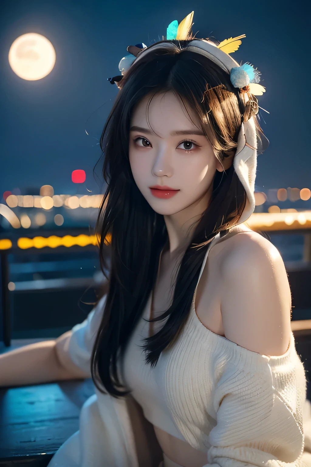 (Masterpiece), top quality, 超 high definition , , cyberpunk one girl is flying over an amazing cityscape , hoodie, Blue Hair, neon color流れ星 , touch very long hair , off shoulder, feather headdress, neon color, blink, A Beautiful Night Sky , cinematic lighting, photorealistic, realistic skin, high definition,fisheye,smile,Gazing at the Moon,fantasy