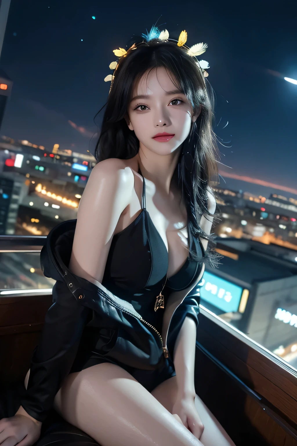 (Masterpiece), top quality, 超 high definition , , cyberpunk one girl is flying over an amazing cityscape , hoodie, Blue Hair, neon color流れ星 , touch very long hair , off shoulder, feather headdress, neon color, blink, A Beautiful Night Sky , cinematic lighting, photorealistic, realistic skin, high definition,fisheye,smile,Gazing at the Moon,fantasy