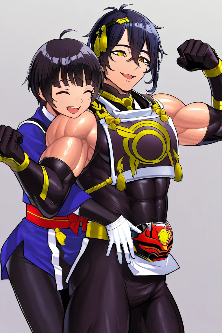    Japanese , beautiful young Mikazuki Munechika with a cool and handsome face ,  A hectic body , Sentai Hero, 光沢のあるSentai Heroスーツ,   Toned Muscles,  is tall,   mash hair .