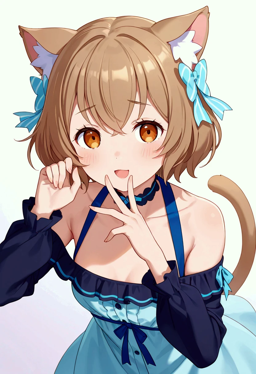 best quality, masterpiece, highres, solo, {ousaka_shizuku_loveliveschoolidolfestivalallstars:1.15}, brown_hair, blue_eyes, long_hair, bangs, bow, sidelocks, hair_bow, hair_between_eyes, blush, smile, half_updo, 1girl, animal_ears, animal_hands, cat_ears, choker, gloves, hair_ornament, halloween, looking_at_viewer, open_mouth, paw_gloves, bare_shoulders, breasts, dress, cat_tail, fake_animal_ears, fang, fangs, food-themed_hair_ornament, heart, one_eye_closed, purple_dress, simple_background, tail, white_background
