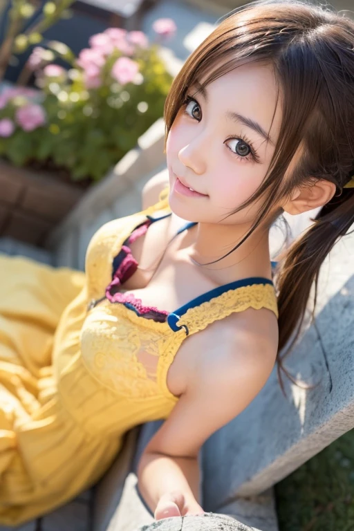  (( anatomically correct))、((real)), (( portrait)),(( Japanese Female Middle School Student )),((( cute girl))), whole body is shown, (((low angle))),masterpiece,  high definition, accurate,  top quality,  very detailed,  Textured Skin, (traptrixsera, twintails), yellow lace dress