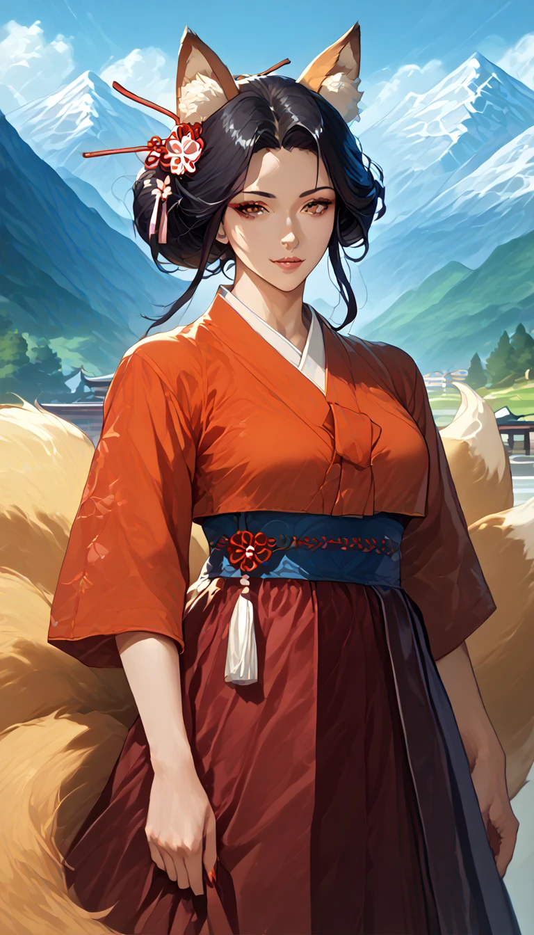 (masterpiece,  best quality :1.2), 1 woman,  alone, Gumiho, 여자 Gumiho,  Korean girl, Fox ears, fox tail, Hanbok,  dark hair, In the mountains