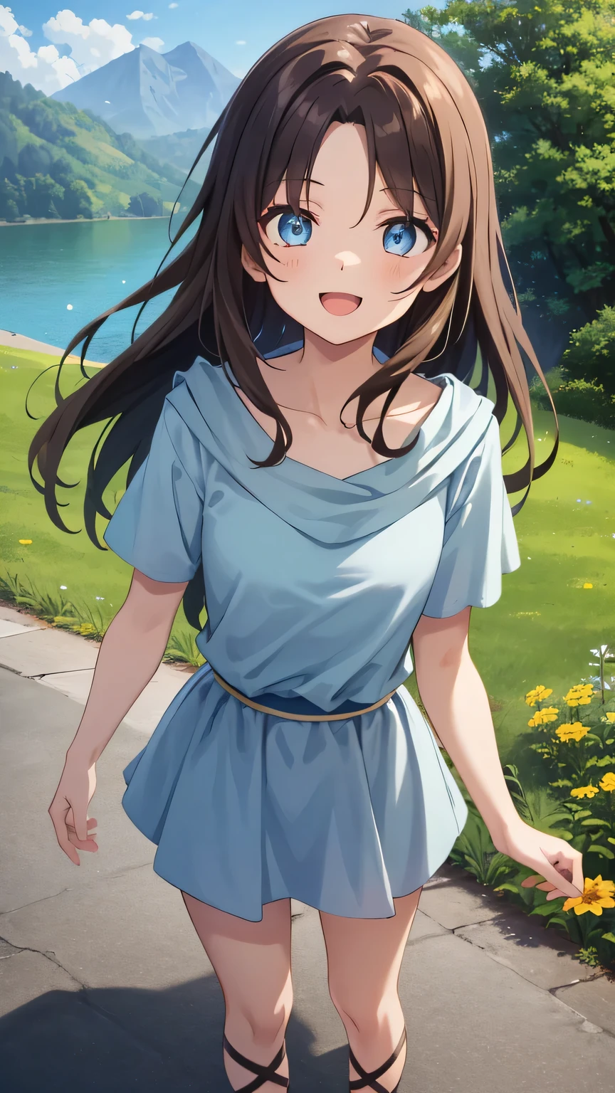 {{{masterpiece}}}, (best quality:1.5), (ultra-detailed:1.5), {illustration}, {{an extremely delicate and beautiful}}, (beautiful detailed eyes:1.6), absurdres, highres, extremely detailed face, 16k, hd, visual anime de uma jovem mulher, extremamente bonito rosto de anime, anime melhor garota, (perfect hands, perfect anatomy), anime face, Lilia (YsⅡ), 1girl, solo, cute face, long hair, brown hair, straight hair, hairstyle with volume, (parted bangs:1.2), big eyes, blue eyes, (High resolution eyes, Beautiful eyes, Light in the eyes), medium breasts, thin waist, big hips, curvaceous, BREAK, light blue dress, skater dress, light blue muffler, clavicle, short sleeve, light blue skirt, miniskirt, barefoot, lace up strappy sandals, gladiator sandals, BREAK, cute face, open mouth, smiling, standing, lake, from above, outdoor, mountain, forest, flower garden, praying, mysterious