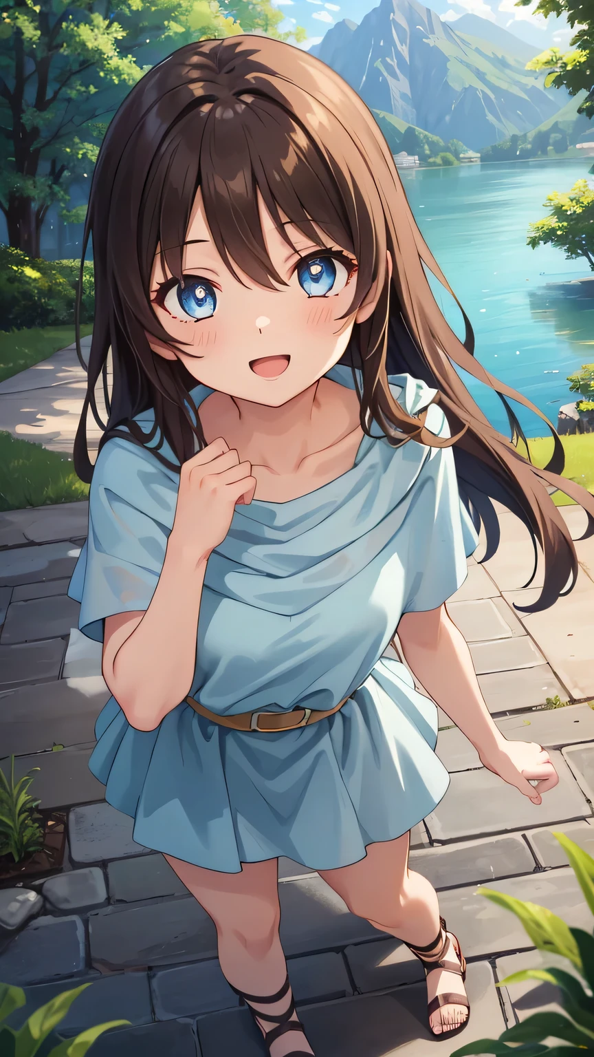 {{{masterpiece}}}, (best quality:1.5), (ultra-detailed:1.5), {illustration}, {{an extremely delicate and beautiful}}, (beautiful detailed eyes:1.6), absurdres, highres, extremely detailed face, 16k, hd, visual anime de uma jovem mulher, extremamente bonito rosto de anime, anime melhor garota, (perfect hands, perfect anatomy), anime face, Lilia (YsⅡ), 1girl, solo, cute face, long hair, brown hair, straight hair, parted bangs, big eyes, blue eyes, (High resolution eyes, Beautiful eyes, Light in the eyes), medium breasts, thin waist, big hips, curvaceous, BREAK, light blue dress, skater dress, light blue capelet, clavicle, short sleeve, brown waist string, light blue skirt, miniskirt, barefoot, lace up strappy sandals, gladiator sandals, BREAK, cute face, open mouth, smiling, standing, lake, from above, outdoor, mountain, forest, flower garden, praying, mysterious