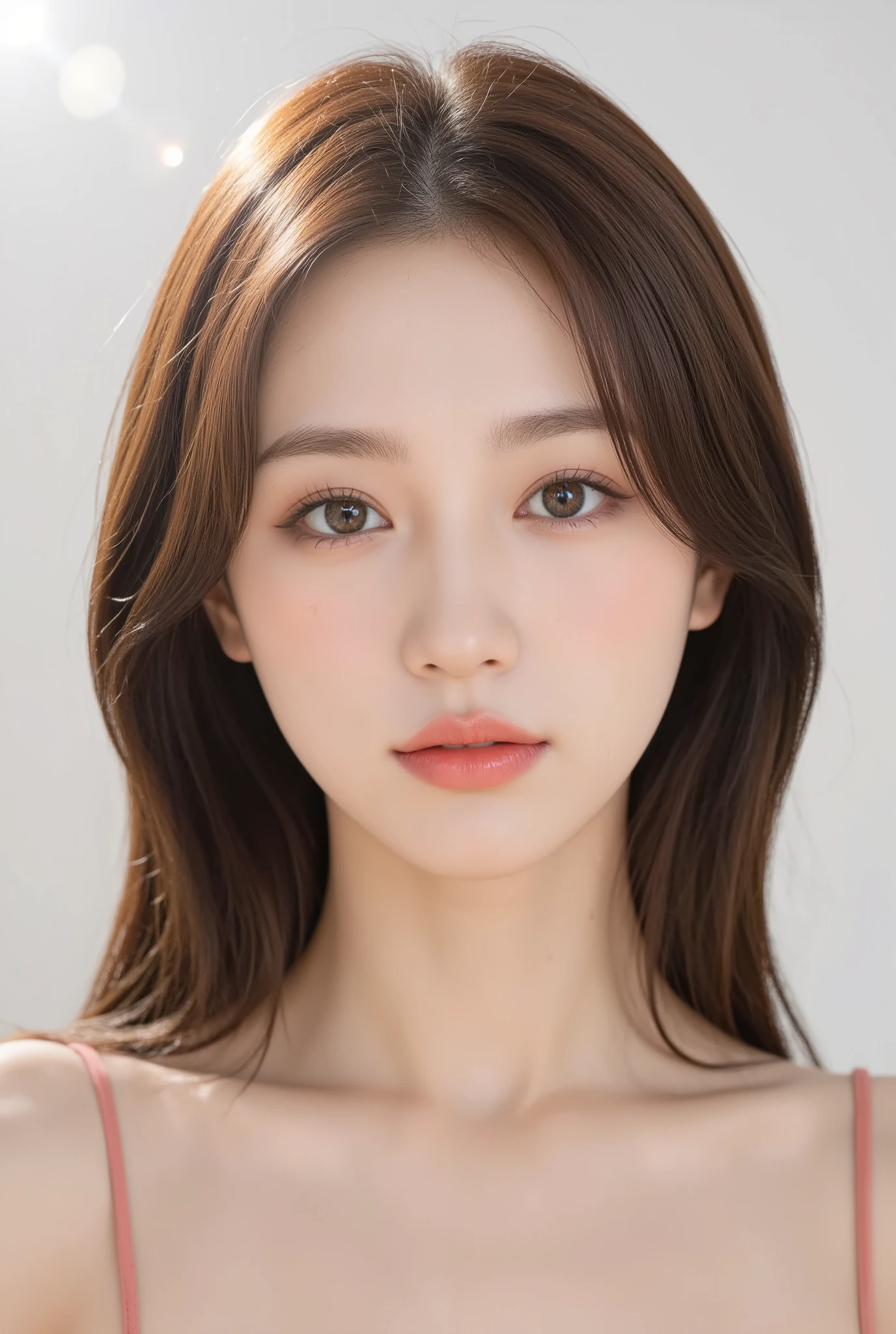 m1yeon, solo, (highly detailed eyes:1.1), (highly detailed face:1.1), (solid white background:1.5), minimalistic studio setup, bare skin, nude, completely nude, warming light tones, Brown hair, warming light, long layers hair, (brown eye:1.3), perfect detail face, Delicate face, sparkling eyes, slender figure, 20 years, natural smooth skin, pink lips, (face close-up:1.3), lens flare, f/1.8, 35mm, Hasselblad, high quality, high details, masterpiece, 8k