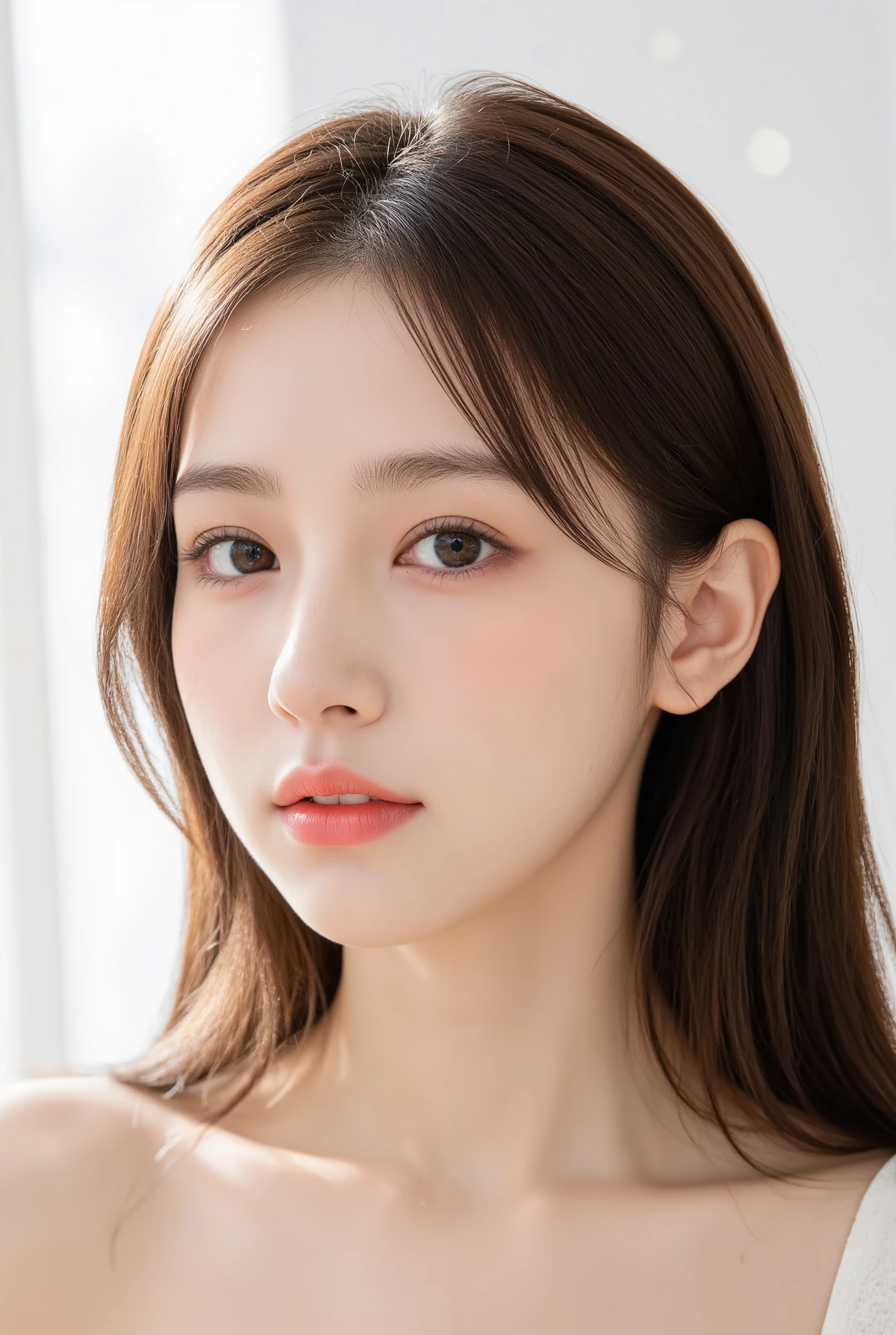 m1yeon, solo, (highly detailed eyes:1.1), (highly detailed face:1.1), (solid white background:1.5), minimalistic studio setup, bare skin, nude, completely nude, warming light tones, Brown hair, warming light, long layers hair, (brown eye:1.3), perfect detail face, Delicate face, sparkling eyes, slender figure, 20 years, natural smooth skin, pink lips, (face close-up:1.3), lens flare, f/1.8, 35mm, Hasselblad, high quality, high details, masterpiece, 8k