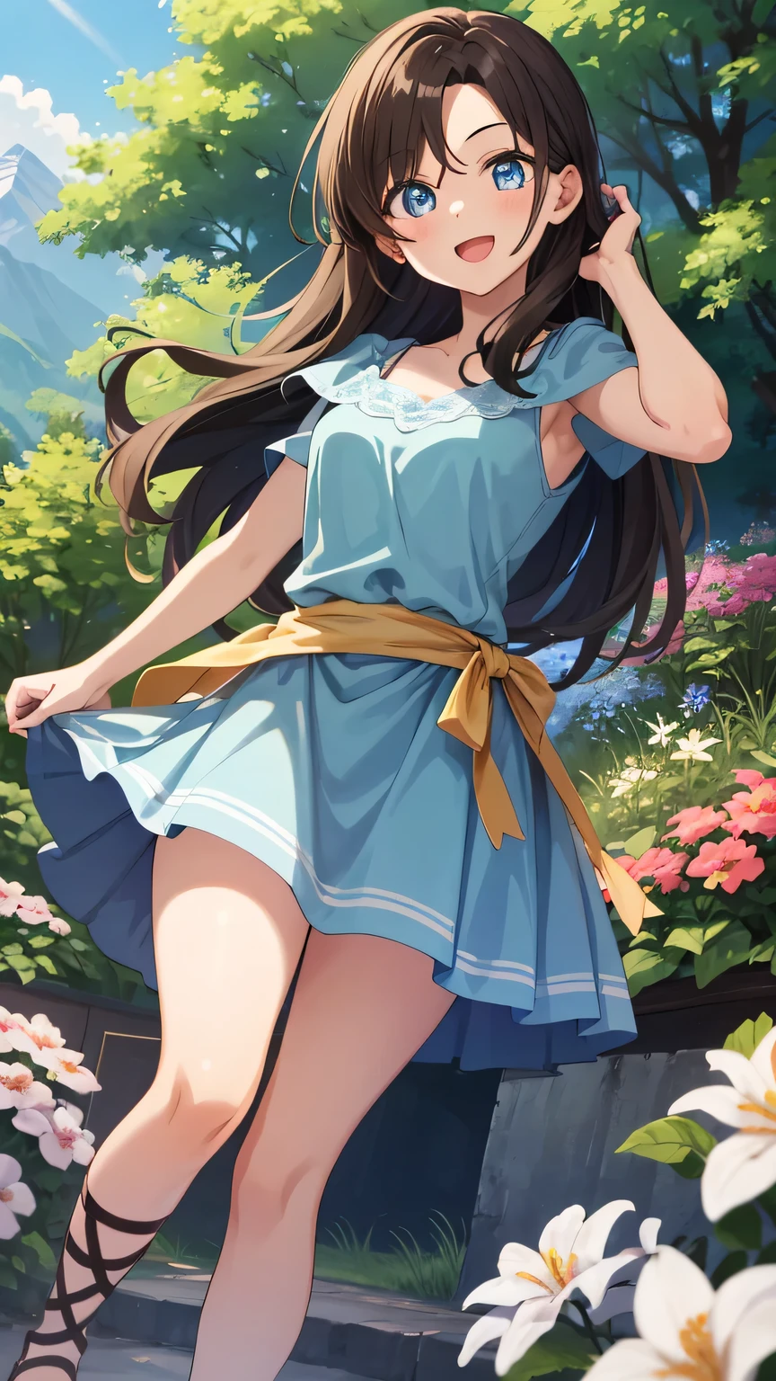 {{{masterpiece}}}, (best quality:1.5), (ultra-detailed:1.5), {illustration}, {{an extremely delicate and beautiful}}, (beautiful detailed eyes:1.6), absurdres, highres, extremely detailed face, 16k, hd, visual anime de uma jovem mulher, extremamente bonito rosto de anime, anime melhor garota, (perfect hands, perfect anatomy), anime face, Lilia (YsⅡ), 1girl, solo, cute face, long hair, brown hair, straight hair, hairstyle with volume, (parted bangs:1.2), big eyes, blue eyes, (High resolution eyes, Beautiful eyes, Light in the eyes), medium breasts, thin waist, big hips, curvaceous, BREAK, light blue dress, skater dress, light blue muffler, clavicle, short sleeve, light blue skirt, miniskirt, barefoot, lace up strappy sandals, gladiator sandals, BREAK, smiling, looking at viewer, open mouth, flushed cheeks, flash effect, outdoor, mountain, daytime, forest, flower garden, field, sunshine, peer in from below