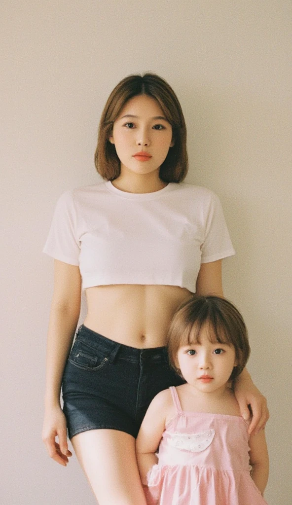 A foreign girl，Pan head，full-body shot，Wearing a hot short skirt，Holding a 2-year-old baby，Baby with back to camera，((best quality)), ((masterpiece)), (detailed), perfect face