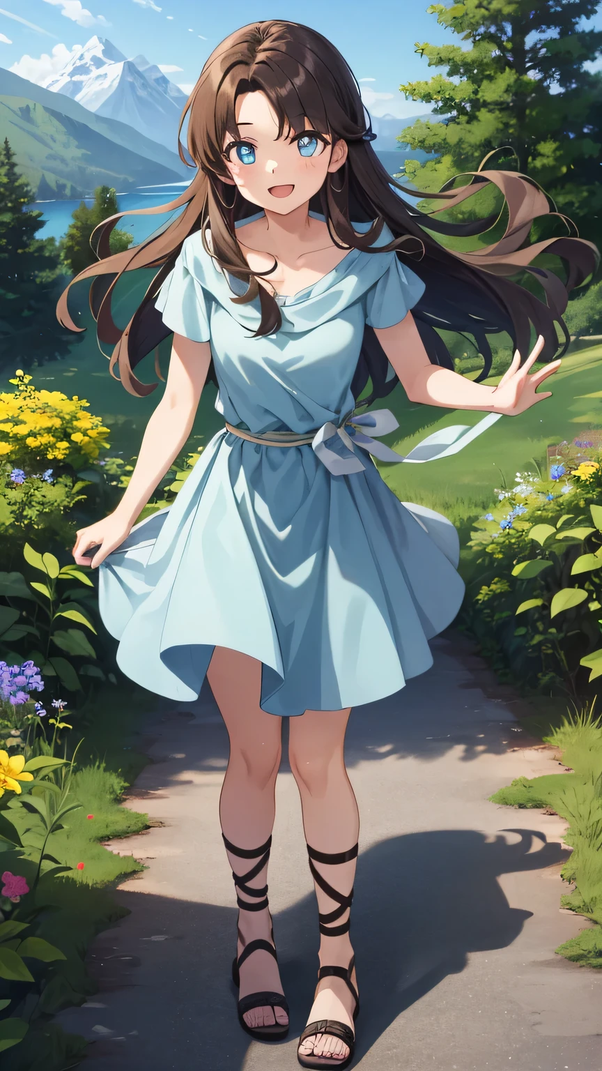 {{{masterpiece}}}, (best quality:1.5), (ultra-detailed:1.5), {illustration}, {{an extremely delicate and beautiful}}, (beautiful detailed eyes:1.6), absurdres, highres, extremely detailed face, 16k, hd, visual anime de uma jovem mulher, extremamente bonito rosto de anime, anime melhor garota, (perfect hands, perfect anatomy), anime face, Lilia (YsⅡ), 1girl, solo, cute face, long hair, brown hair, straight hair, hairstyle with volume, (parted bangs:1.3), big eyes, blue eyes, (High resolution eyes, Beautiful eyes, Light in the eyes), medium breasts, thin waist, big hips, curvaceous, BREAK, light blue dress, skater dress, clavicle, short sleeve, light blue skirt, miniskirt, barefoot, lace up strappy sandals, gladiator sandals, BREAK, cute face, open mouth, smiling, standing, lake, from above, outdoor, mountain, forest, flower garden, mysterious