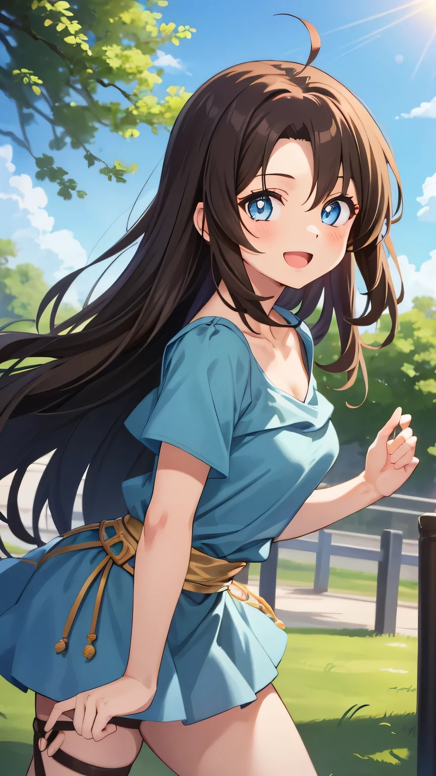 {{{masterpiece}}}, (best quality:1.5), (ultra-detailed:1.5), {illustration}, {{an extremely delicate and beautiful}}, (beautiful detailed eyes:1.6), absurdres, highres, extremely detailed face, 16k, hd, visual anime de uma jovem mulher, extremamente bonito rosto de anime, anime melhor garota, (perfect hands, perfect anatomy), anime face, Lilia (YsⅡ), 1girl, solo, cute face, long hair, brown hair, straight hair, hairstyle with volume, (parted bangs:1.3), big eyes, blue eyes, (High resolution eyes, Beautiful eyes, Light in the eyes), medium breasts, thin waist, big hips, curvaceous, BREAK, light blue dress, skater dress, clavicle, short sleeve, light blue skirt, miniskirt, barefoot, lace up strappy sandals, gladiator sandals, BREAK, 1girl, solo, smile, open mouth, beautiful anime girl, beautiful art style, close up of breasts, Looking at Viewer, perfect body, outdoor, sky, daytime, public park, sun, (bust shot:1.3), from side