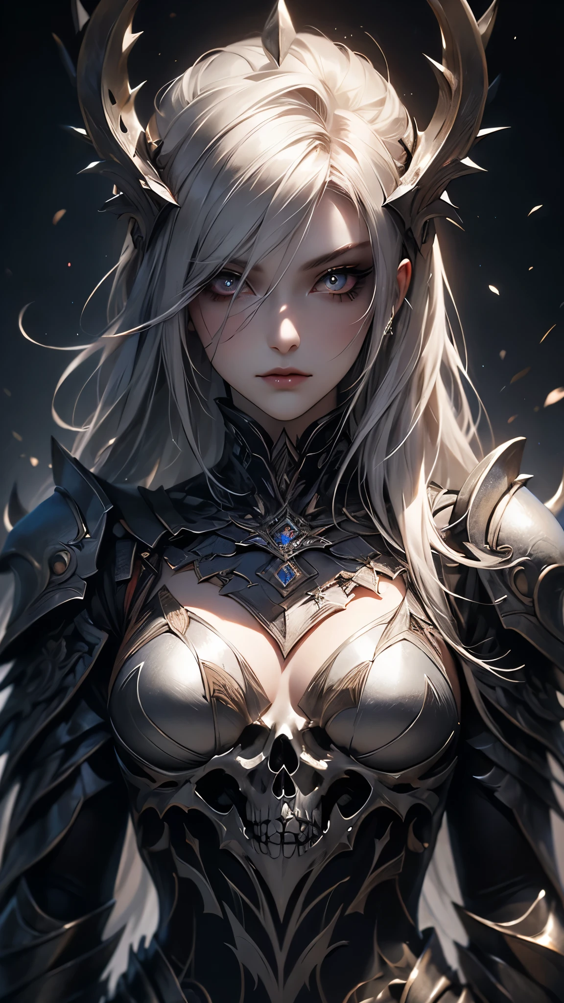(( top quality)),( ultra high definition),( more details),( detailed explanation ),(( best CG )),( BEST WORK OF ART ), Ultra Precision Art, amazing painting art,(Exquisite art:1.5), woman, Silver Hair, White porcelain skin , black makeup , A cold, condescending gaze , Armor Imitating Skeleton , Dark Silver Thorns , Jet Black Cloak, fear,