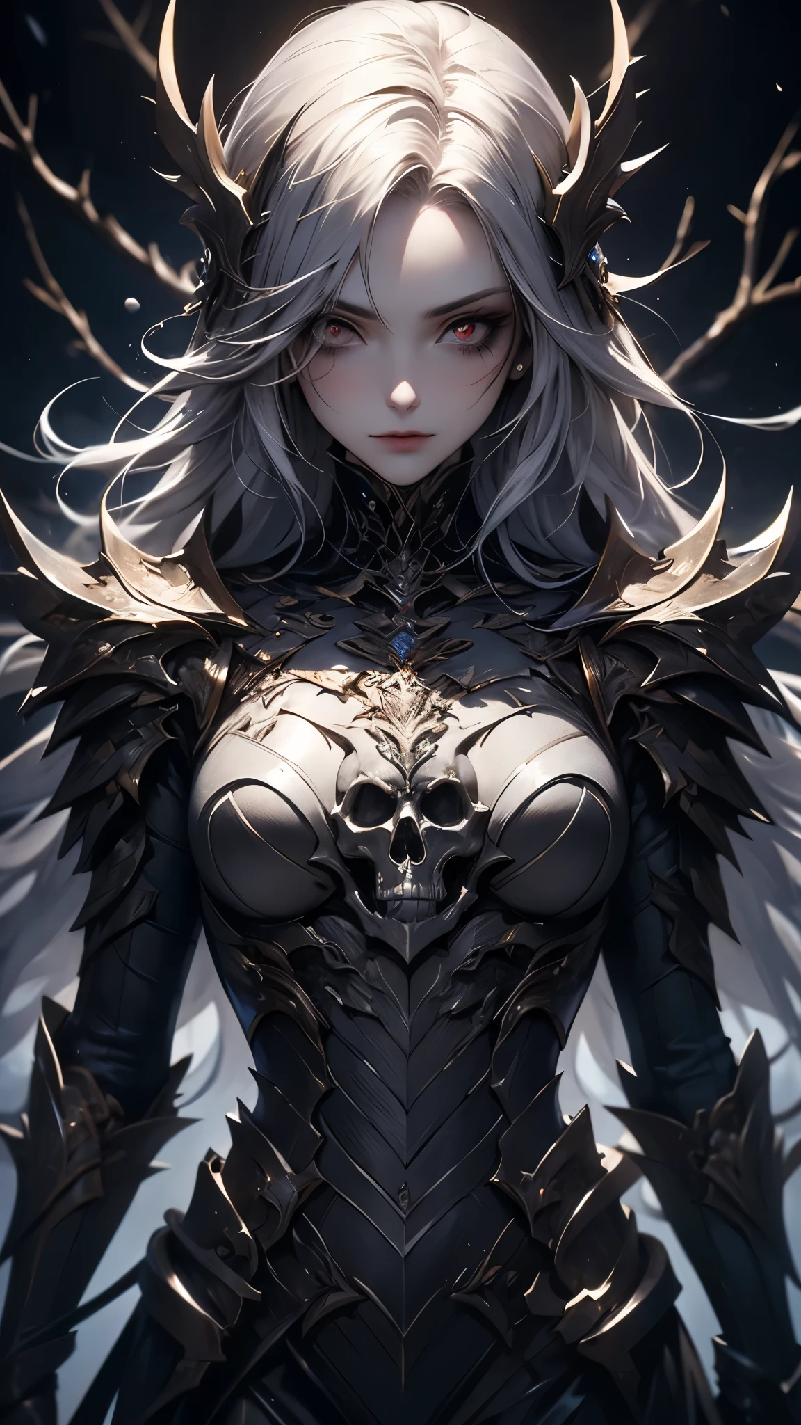 (( top quality)),( ultra high definition),( more details),( detailed explanation ),(( best CG )),( BEST WORK OF ART ), Ultra Precision Art, amazing painting art,(Exquisite art:1.5), woman, Silver Hair, White porcelain skin , black makeup , A cold, condescending gaze , Armor Imitating Skeleton , Dark Silver Thorns , Jet Black Cloak, fear,