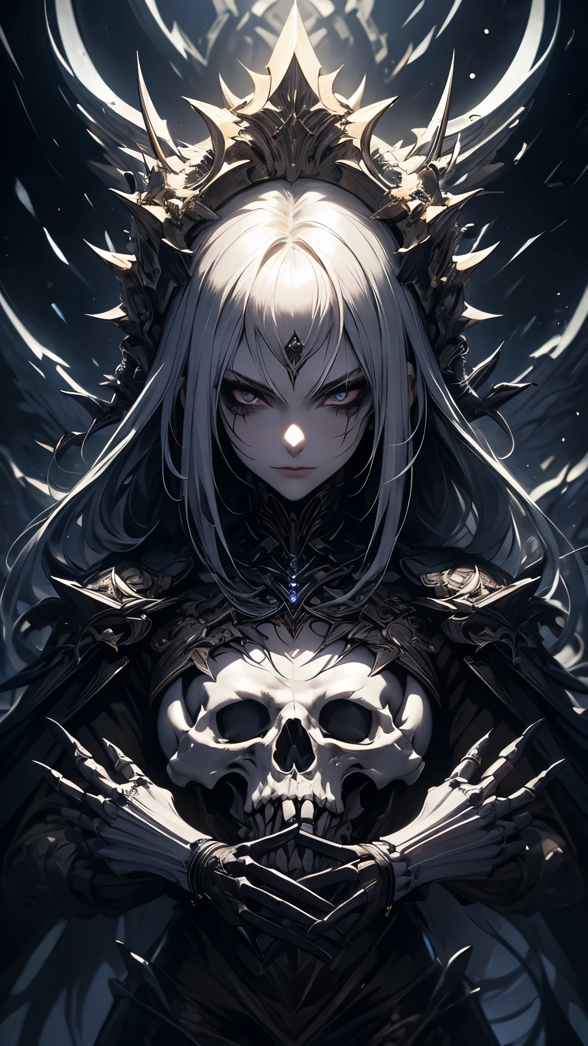 (( top quality)),( ultra high definition),( more details),( detailed explanation ),(( best CG )),( BEST WORK OF ART ), Ultra Precision Art, amazing painting art,(Exquisite art:1.5), woman, Silver Hair, White porcelain skin , black makeup , A cold, condescending gaze , Armor Imitating Skeleton , Dark Silver Thorns , Jet Black Cloak, fear,