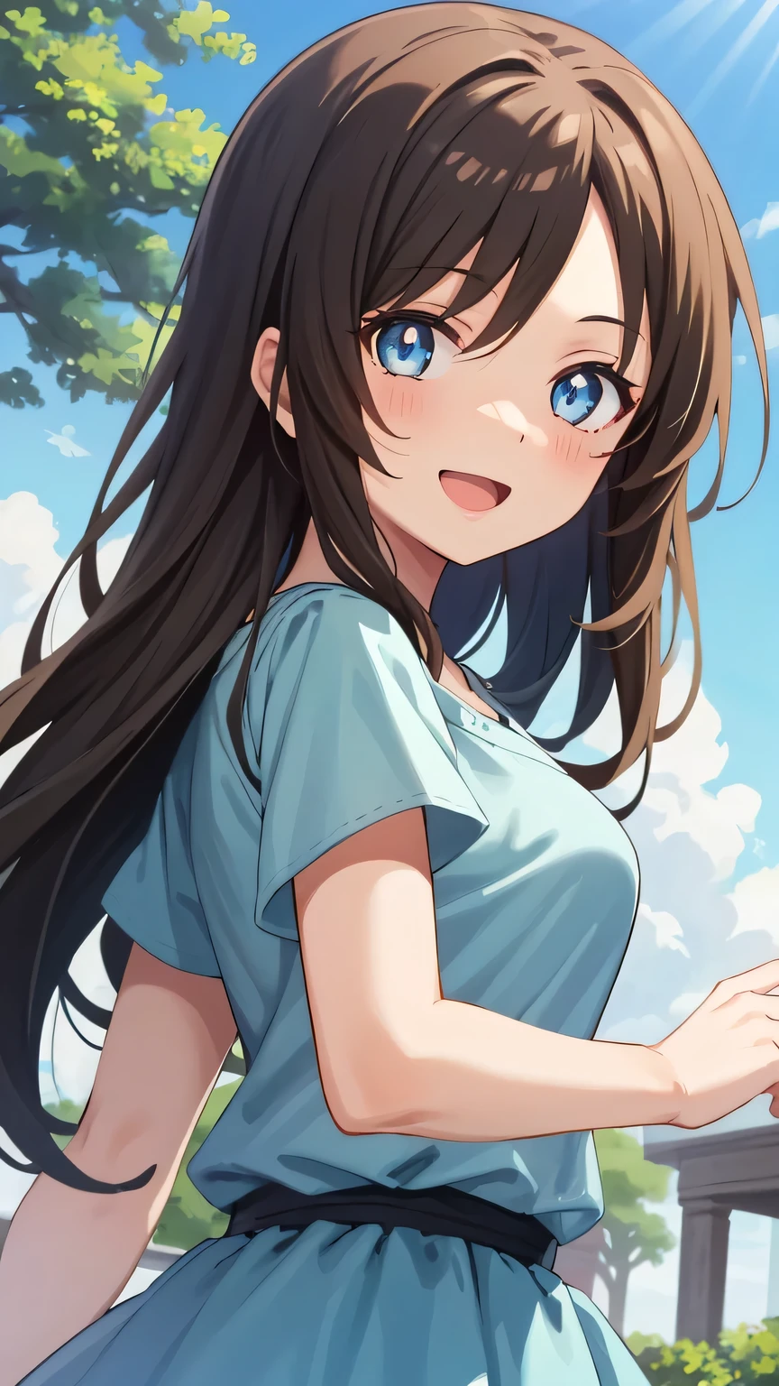 {{{masterpiece}}}, (best quality:1.5), (ultra-detailed:1.5), {illustration}, {{an extremely delicate and beautiful}}, (beautiful detailed eyes:1.6), absurdres, highres, extremely detailed face, 16k, hd, visual anime de uma jovem mulher, extremamente bonito rosto de anime, anime melhor garota, (perfect hands, perfect anatomy), anime face, Lilia (YsⅡ), 1girl, solo, cute face, long hair, brown hair, straight hair, hairstyle with volume, (parted bangs:1.3), big eyes, blue eyes, (High resolution eyes, Beautiful eyes, Light in the eyes), medium breasts, thin waist, big hips, curvaceous, BREAK, light blue dress, skater dress, clavicle, short sleeve, light blue skirt, miniskirt, BREAK, 1girl, solo, smile, open mouth, beautiful anime girl, beautiful art style, close up of breasts, Looking at Viewer, perfect body, outdoor, sky, daytime, public park, sun, (bust shot:1.3)