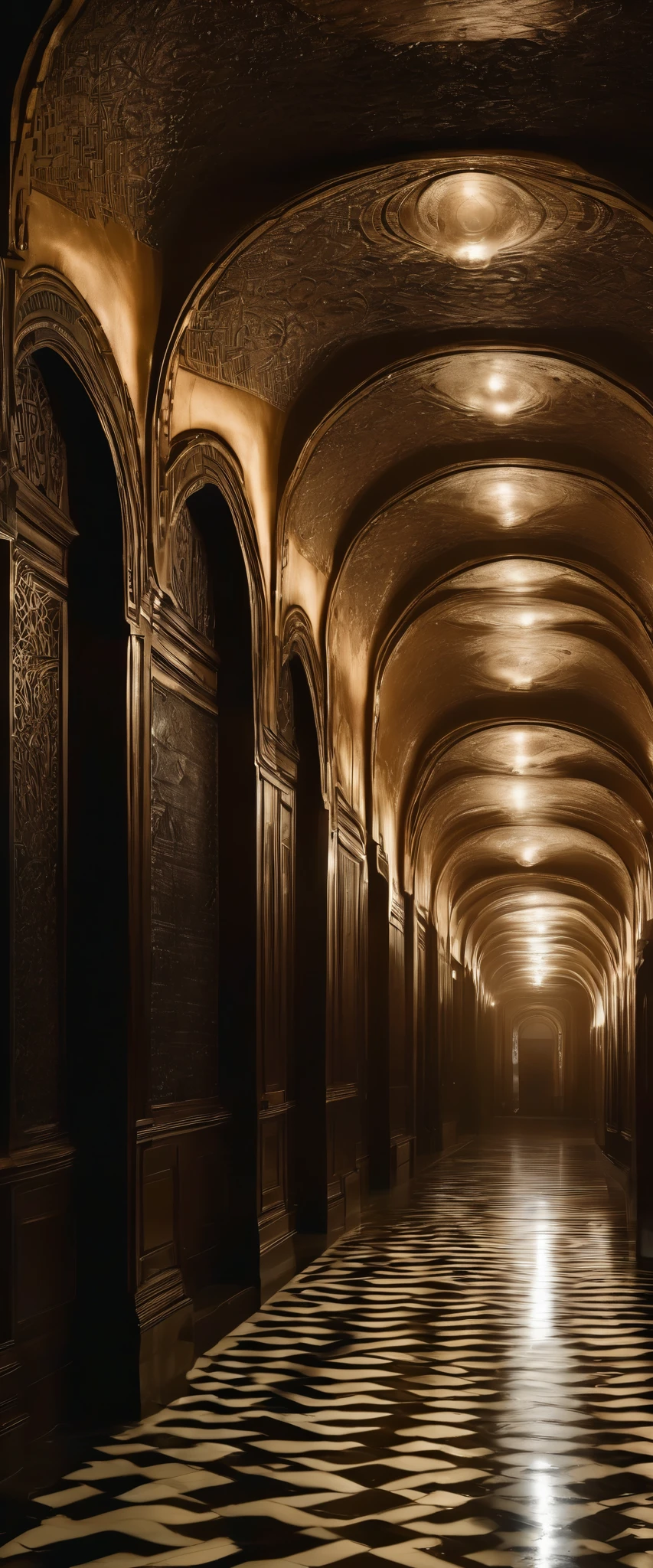 A long, sinuous corridor , endless labyrinth-shaped corridor , dramatic cinematographic lighting, dark and mysterious atmosphere , highly detailed architectural elements , intricate geometric patterns on the walls , faint ethereal orbs glowing along the way, reflecting pools of water on the floor , Ornate, antique-looking decor , shadows and dramatic lights , Photorealistic Quality, film composition , melancholic and atmospheric color palette