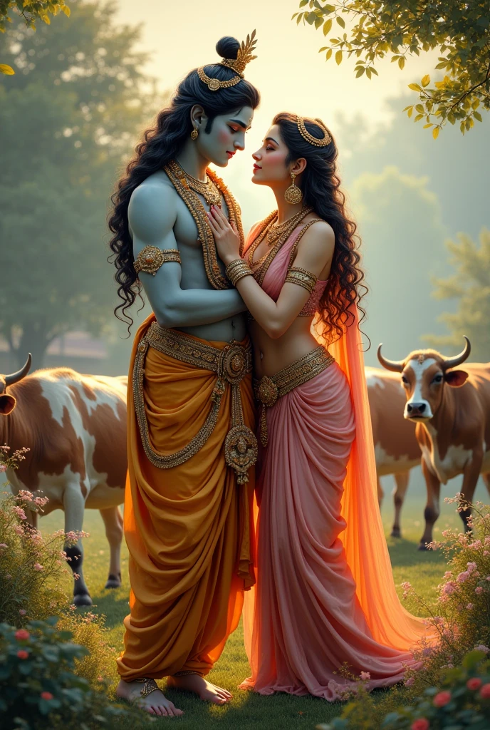 Radha with  krishna ai image in village with cow's child 