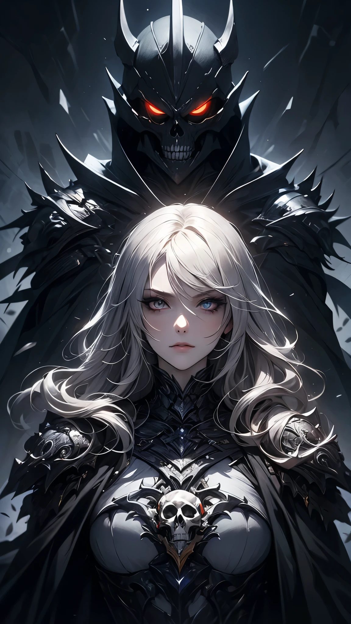 (( top quality)),( ultra high definition),( more details),( detailed explanation ),(( best CG )),( BEST WORK OF ART ), Ultra Precision Art, amazing painting art,(Exquisite art:1.5), woman, Silver Hair, White porcelain skin , black makeup , A cold, condescending gaze , Armor Imitating Skeleton , Dark Silver Thorns , Jet Black Cloak, fear,