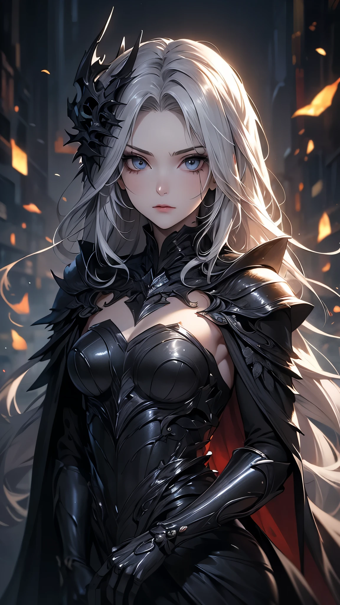 (( top quality)),( ultra high definition),( more details),( detailed explanation ),(( best CG )),( BEST WORK OF ART ), Ultra Precision Art, amazing painting art,(Exquisite art:1.5), woman,  Silver Hair, White porcelain skin , black makeup , A cold, condescending gaze ,  Armor Imitating Skeleton , Dark Silver Thorns ,  Jet Black Cloak, fear,