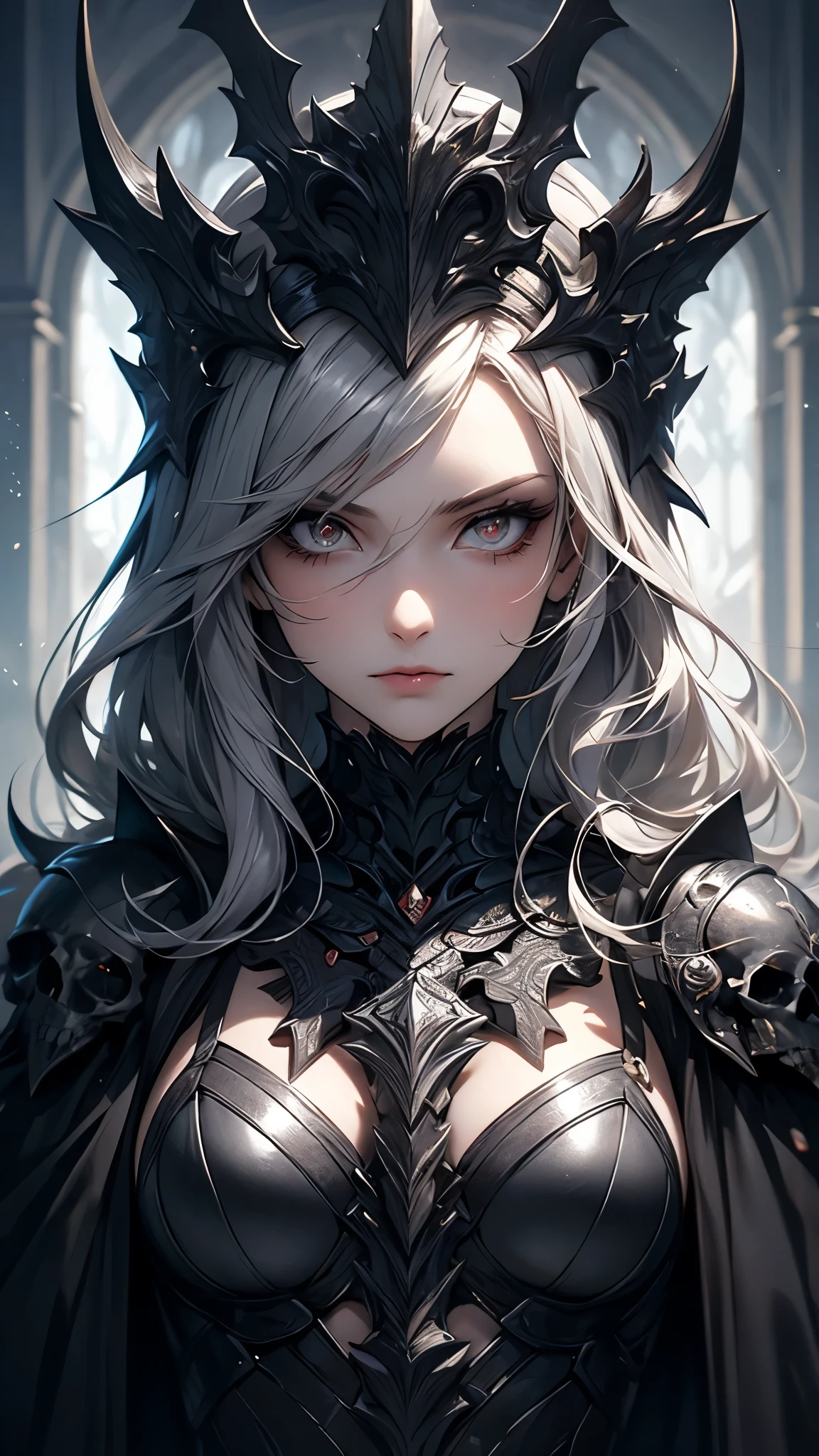 (( top quality)),( ultra high definition),( more details),( detailed explanation ),(( best CG )),( BEST WORK OF ART ), Ultra Precision Art, amazing painting art,(Exquisite art:1.5), woman, Silver Hair, White porcelain skin , black makeup , A cold, condescending gaze , Armor Imitating Skeleton , Dark Silver Thorns , Jet Black Cloak, fear,
