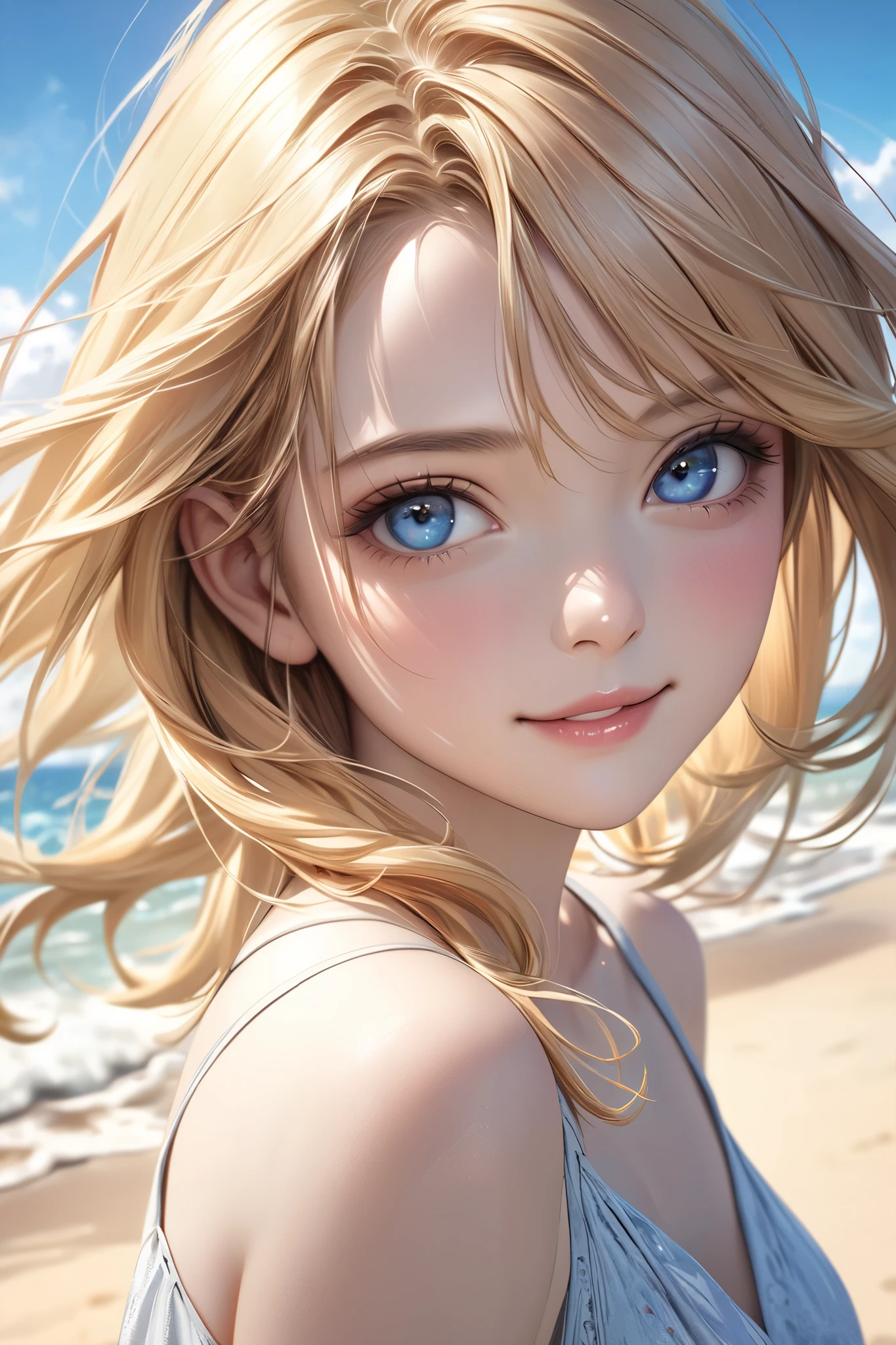NFSW, 1 Lady, Face, (((1 Lady:1.37, Solo))), (((Close-up of face))), (Beautiful face, Cute face, Detailed face), ((( Golden hair, Semi-long hair, Hair pulled back, Wavy Hair))), (((Detailed beautiful green eyes))), BREAK, (((Sunny))), (((in beach))), (((White sheer blouse, Microblouse, Sleeveless, Breasts wide open))), BREAK, extremely detailed CG unified 8k wallpaper, very fine 8KCG wallpaper, anime moe art style, Anime visuals of cute girls, anime style portrait, In an anime style, Beautiful anime, 8K Anime Art Style, In anime style、8K animation with detailed drawings, (masterpiece, Best Quality), High resolution, Ultra-detailed, ultra-sharp, Cinematic lighting