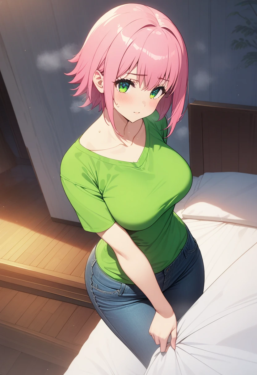 masterpiece,best quality,high resolution,16k,ultra HD,wallpaper,illustration,perfect face,cowboy shot,beautiful detailed eyes,extremely detailed face,perfect lighting,extremely detailed CG,perfect anatomy,perfect body,perfect hands,perfect fingers,1woman,full body,(pink short hair),green eyes,large breasts,Medium ass,, (green T-shirt),denim shirt pants,,clothed,,collarbone,,looking at viewer,(),Steam,sweat, on the bed,(futoku no guild character Hitamu Kyan),adult,