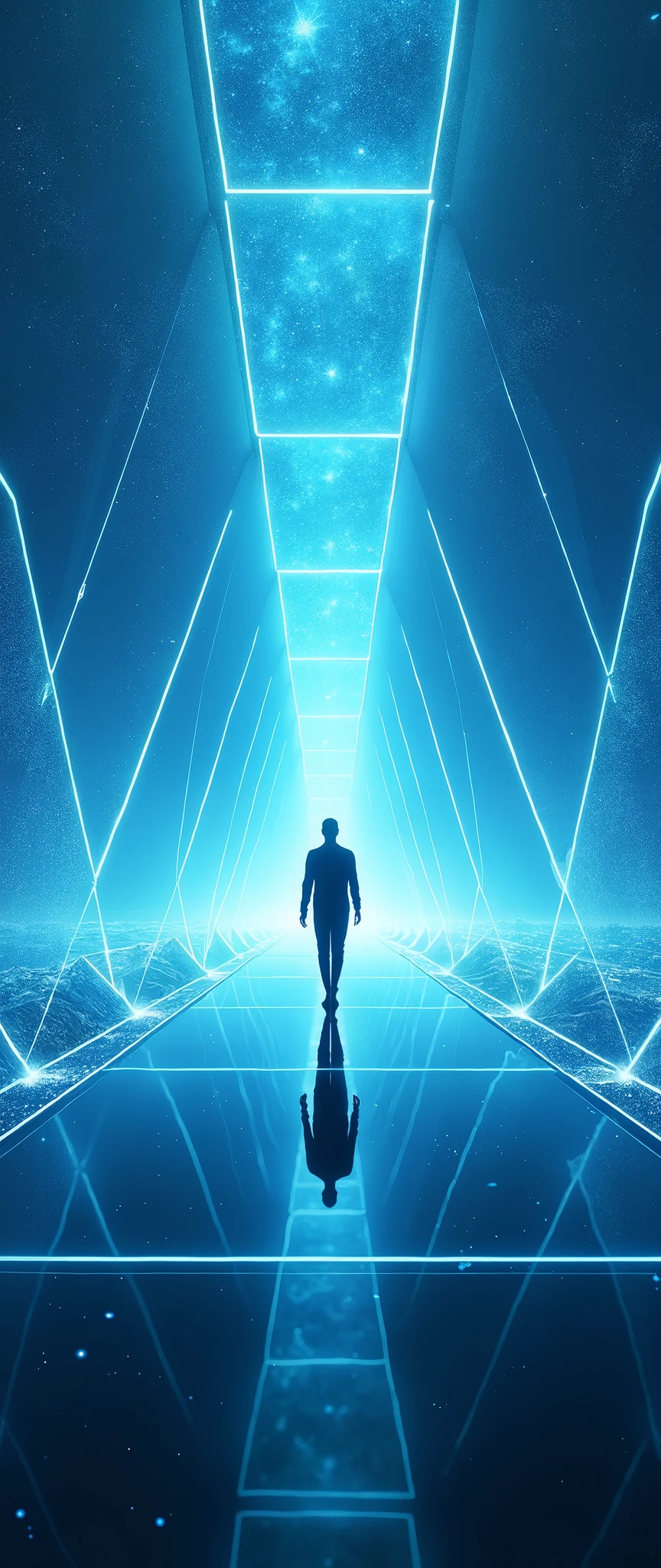 (Masterpiece:1.2,EXCEPTIONAL QUALITY  ,Mirror Finish , Cinematic experience  , The best illustrations :2.0, very detailed.2.0),8k, wallpaper,(A never-ending hallway),( A hologram man walks through a tunnel-like hallway composed of holograms with overlapping equilateral triangles of endless blue light:2.0),(abstract geometric pattern background :2.0),( vector art:2.0),(Virtual Space:2.0),( Mysterious Space :2.0),( digital art:2.0)