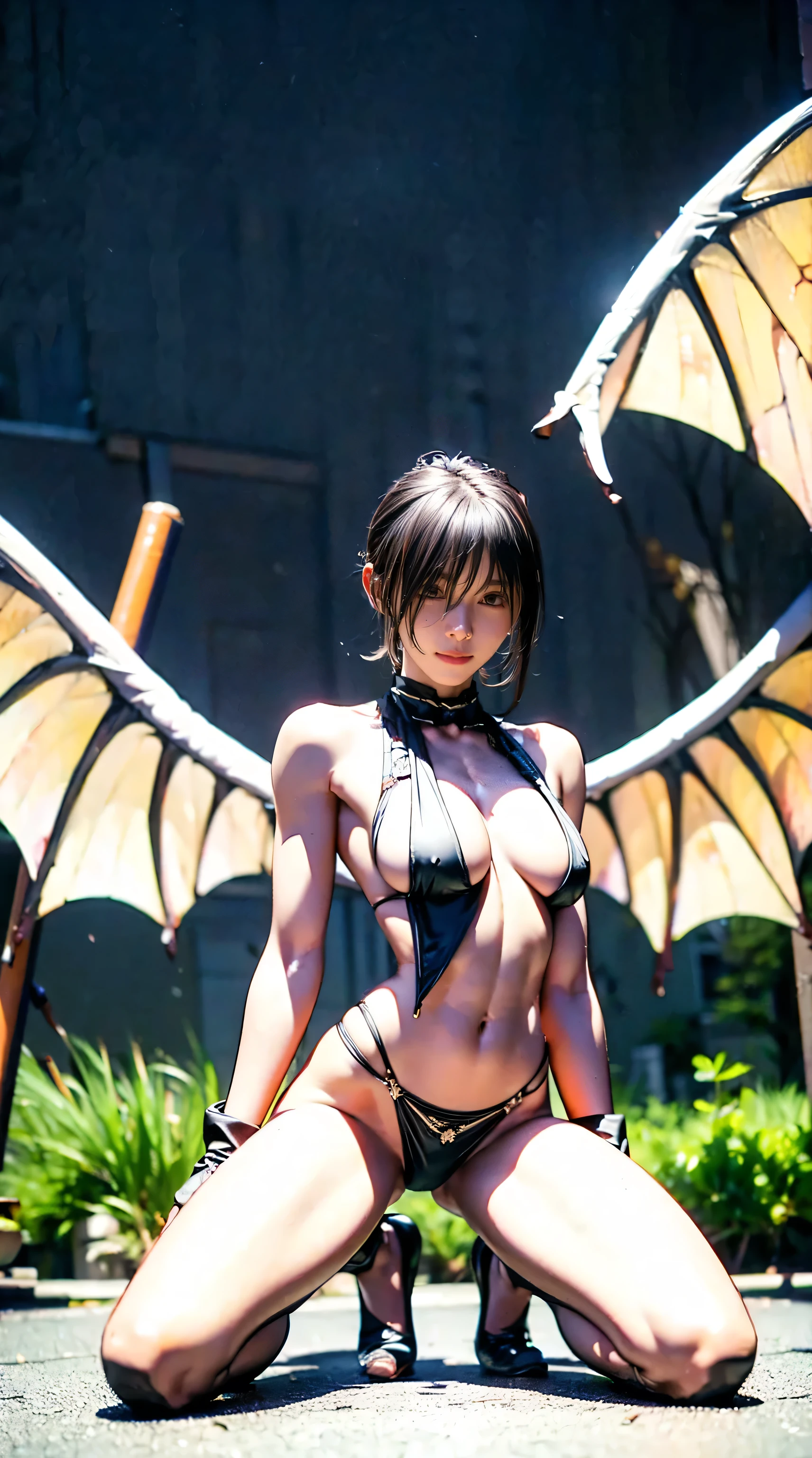 Mikasa,19 year old young woman,as angel , Best quality, High resolution, Short hair, Black eyes, look at the viewer,angel wings, beauty, naked until the nipples are visible, with butterfly's, Highest quality , high resolution