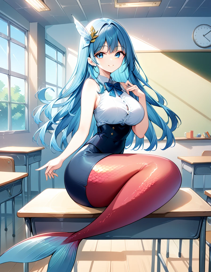 1girl,classroom,black pencil skirt,pantyhose,medium breasts,(Fraction_9:0.9),Fraction_8_up,Fraction_7_up,Grade_of,Actual,(zPDXL3), ( masterpiece),  ( best quality),(Complete of five fingers ), a girl ,Water Enchantress of the temple,blue Hair , blue eyes,Alone of,  Big Breasts, white sleeveless shirts ,Mermaid, red ofMermaid tail, Smile,