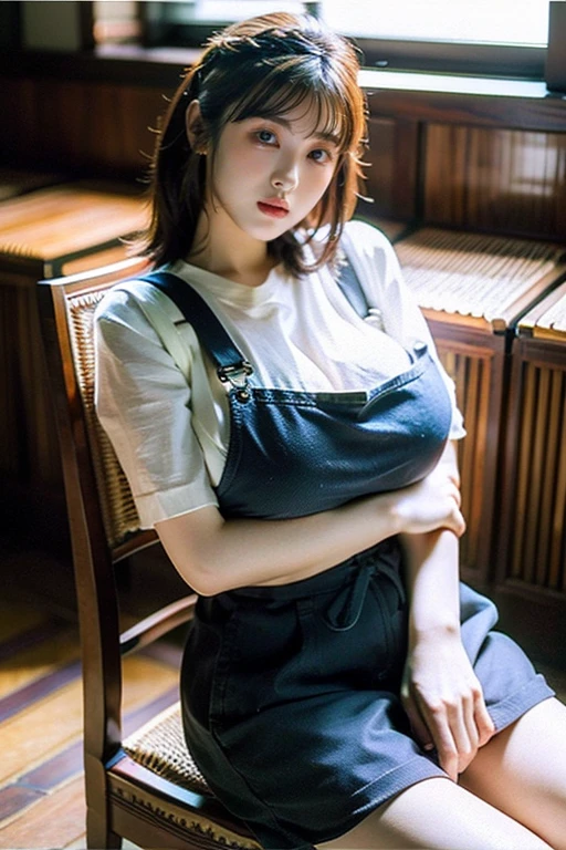 's greatest masterpiece、 top quality、8k、 waist anatomically correct、The cutest beautiful girl in the world 、Clear detailed face 、Smile、 overalls 、((Big Breasts))、 cross your arms a little、 sit on a chair holding lyra and cross legs 