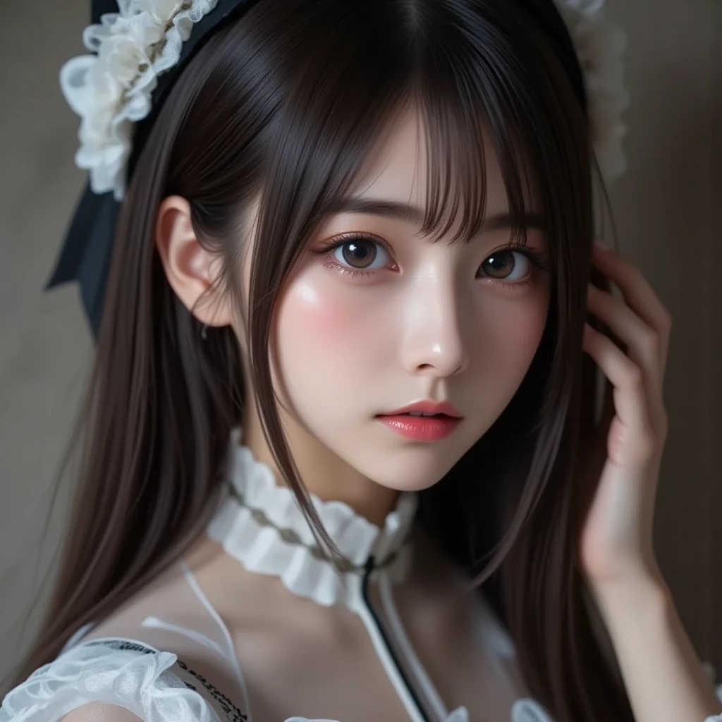 8k,   ultra high definition,  top quality, Masterpiece,rule of thirds,golden ratio, surreal,photograph, one woman,( girl :1.3), cute, cute顔, 細部まで  beautiful eyes, 細かく  Detailsに,Masterpiece,一人の girl :1.2,  Japanese Women, princess,extream close up,smile, black hair straight long,ID photo,future,  brutal cyberpunk woman  , luxurious and beautiful ,Gray background,((beautiful victorian style dresses :1.5)), fancy fashion, Luxurious Decor,(BDSM Femdom),(cute girl),(Upper class woman:1.5), Expression of Despair , dark atmospheric lighting , Delicate  Details,   Detailsな顔,anger, charming eyes,(ポートレートphotograph:1.4),( photographのような画像 :1.4),  fantasy art,( beautiful faces:1.4),美しく charming eyes、  beautiful eyes,Silver Remaining,( Thin Waist:1.4)、(Beautiful :1.4),  pink lips, profile,((( ideal body shape))),Small bust, A cup :2,、 portrait:2、  perfect anatomy、鮮明な  Details、  Details, thin lips,完璧で beautiful faces ,完璧で cute顔,   Detailsな肌 ,  Perfect Limbs 、  Thin Waist,  surreal,Light and Dark,  fashion magazine cover ,stage lights